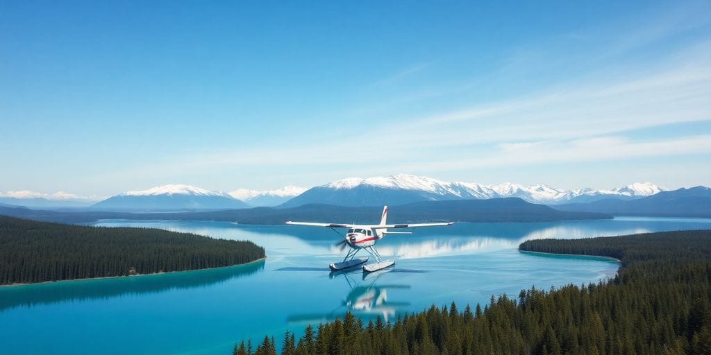 A seaplane lands on a remote Alaskan lake near a rainforest.