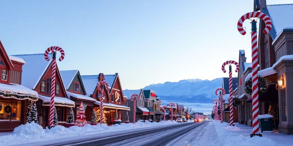 A snowy street in North Pole, Alaska with Christmas decorations.
