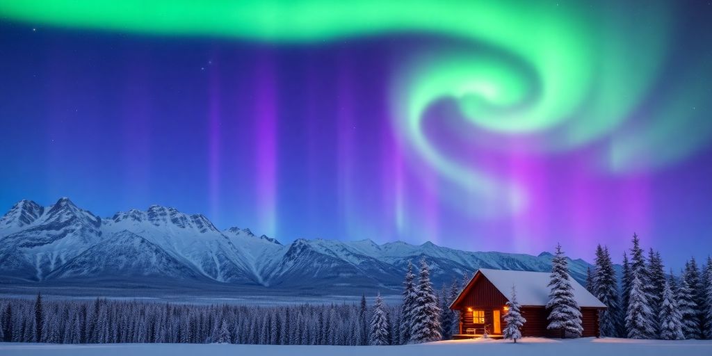 Vibrant green aurora borealis over a snowy Alaskan mountain range.