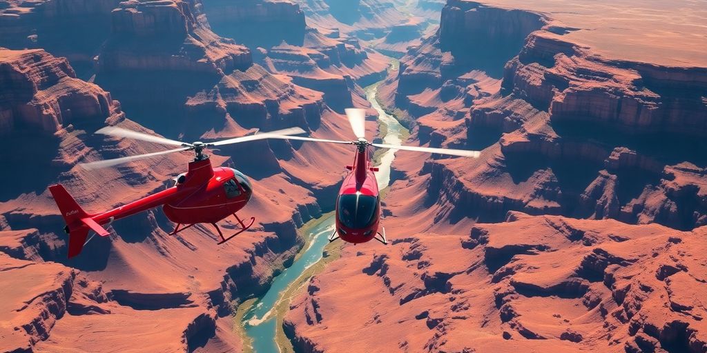 A red Papillon helicopter flying over the Grand Canyon.