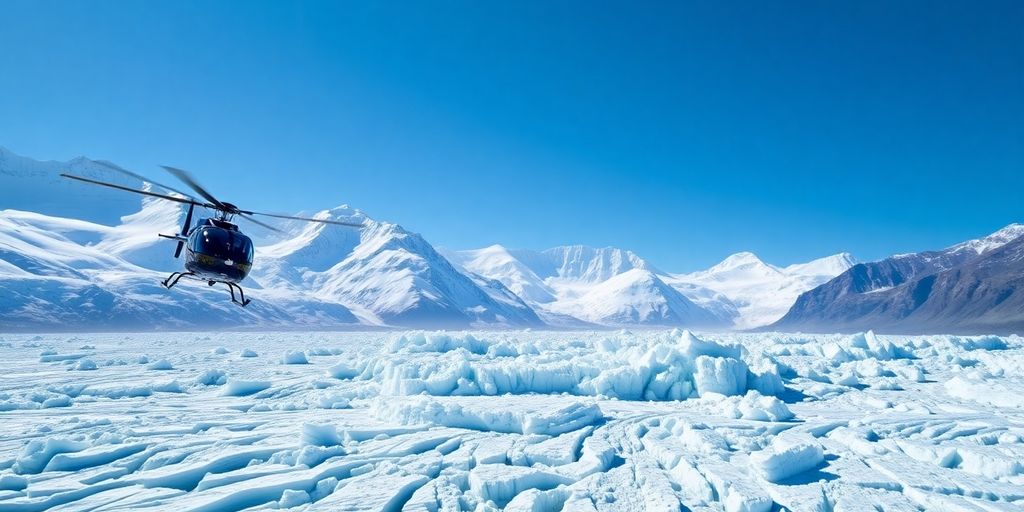A helicopter flies over a massive Alaskan glacier and mountains.