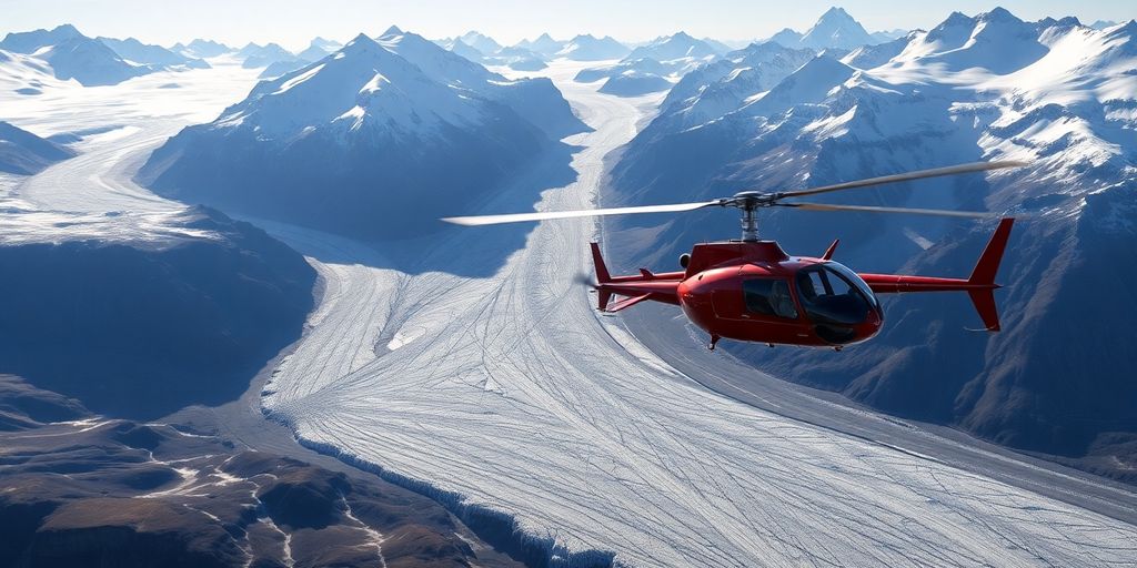 A helicopter flying over vast Alaskan glaciers and snowy mountains.
