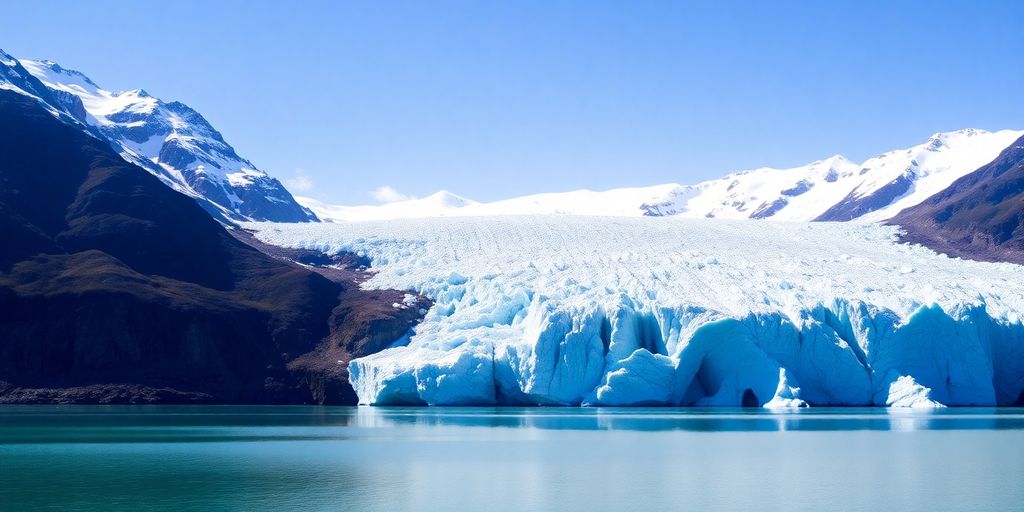 Icy blue Alaskan glacier with reflective lake.