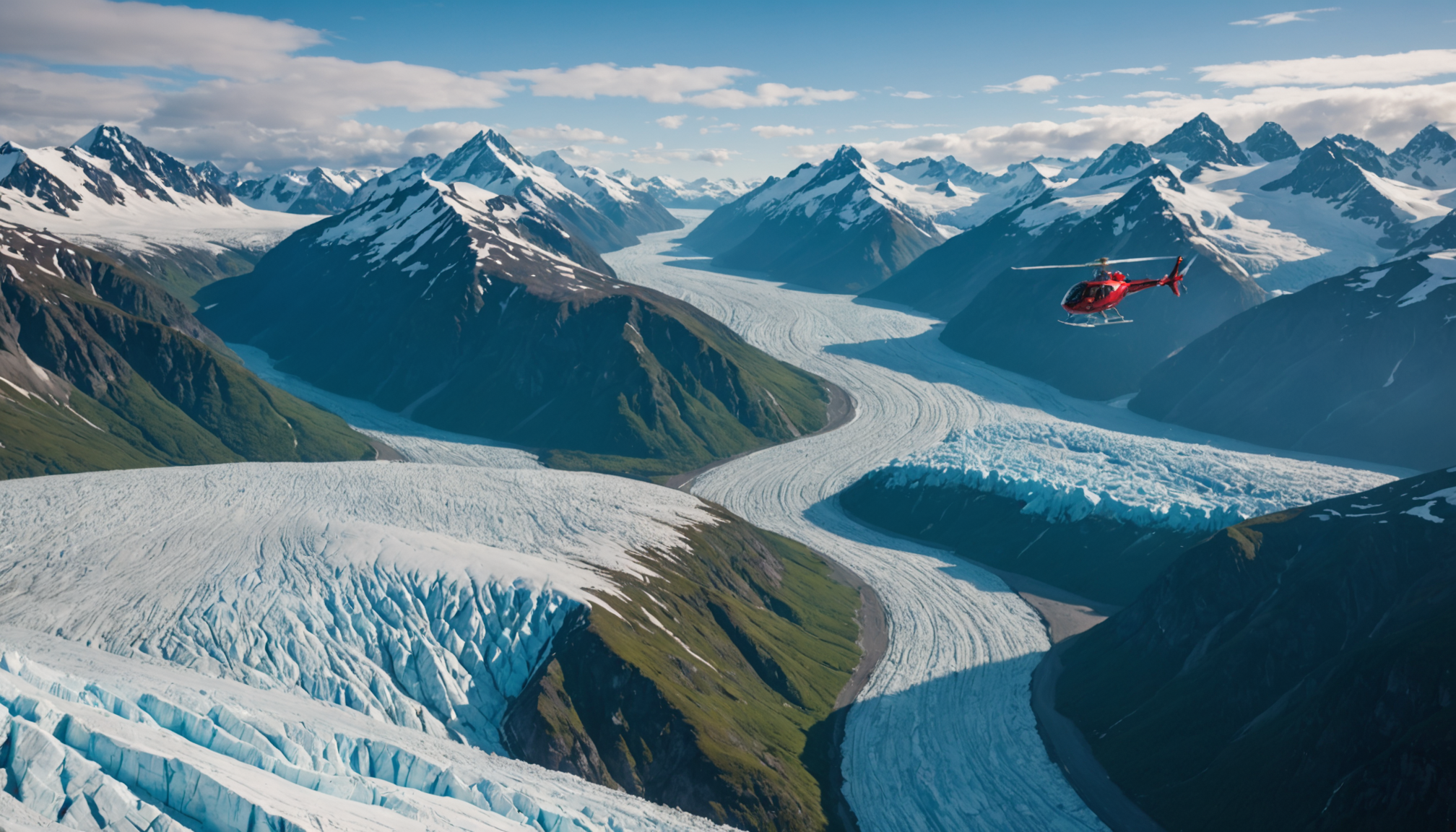 Helicopter flying over Knik Glacier
