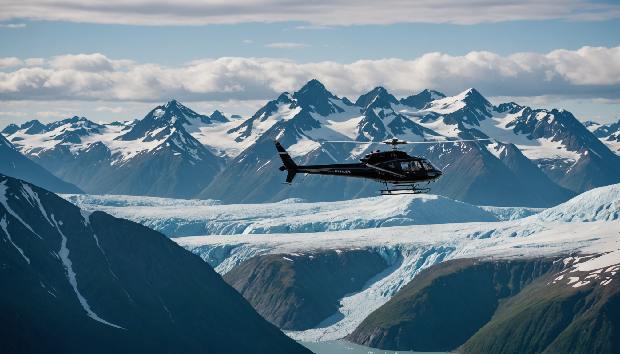 Helicopter flying over Alaska's rugged terrain