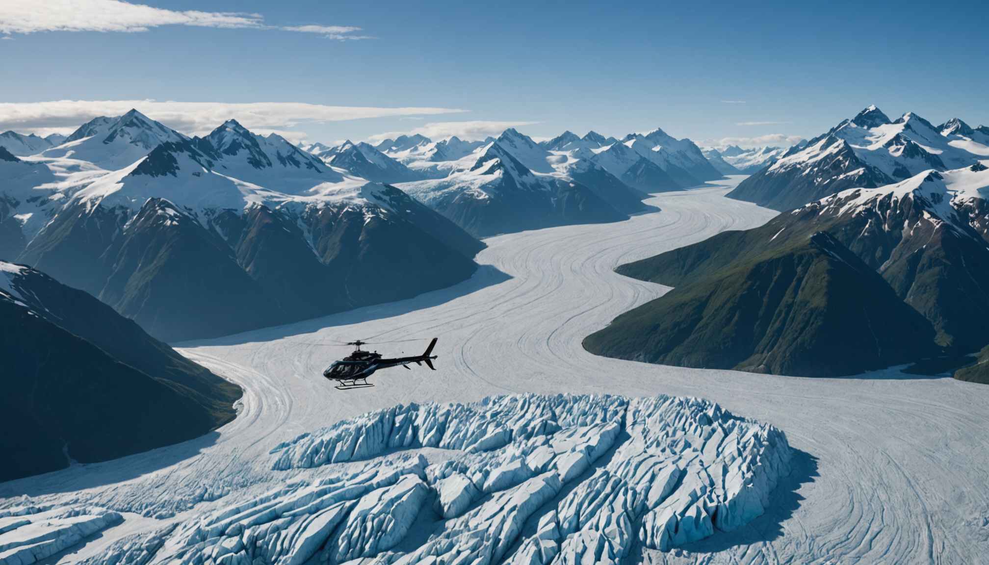 Helicopter flying over Knik Glacier