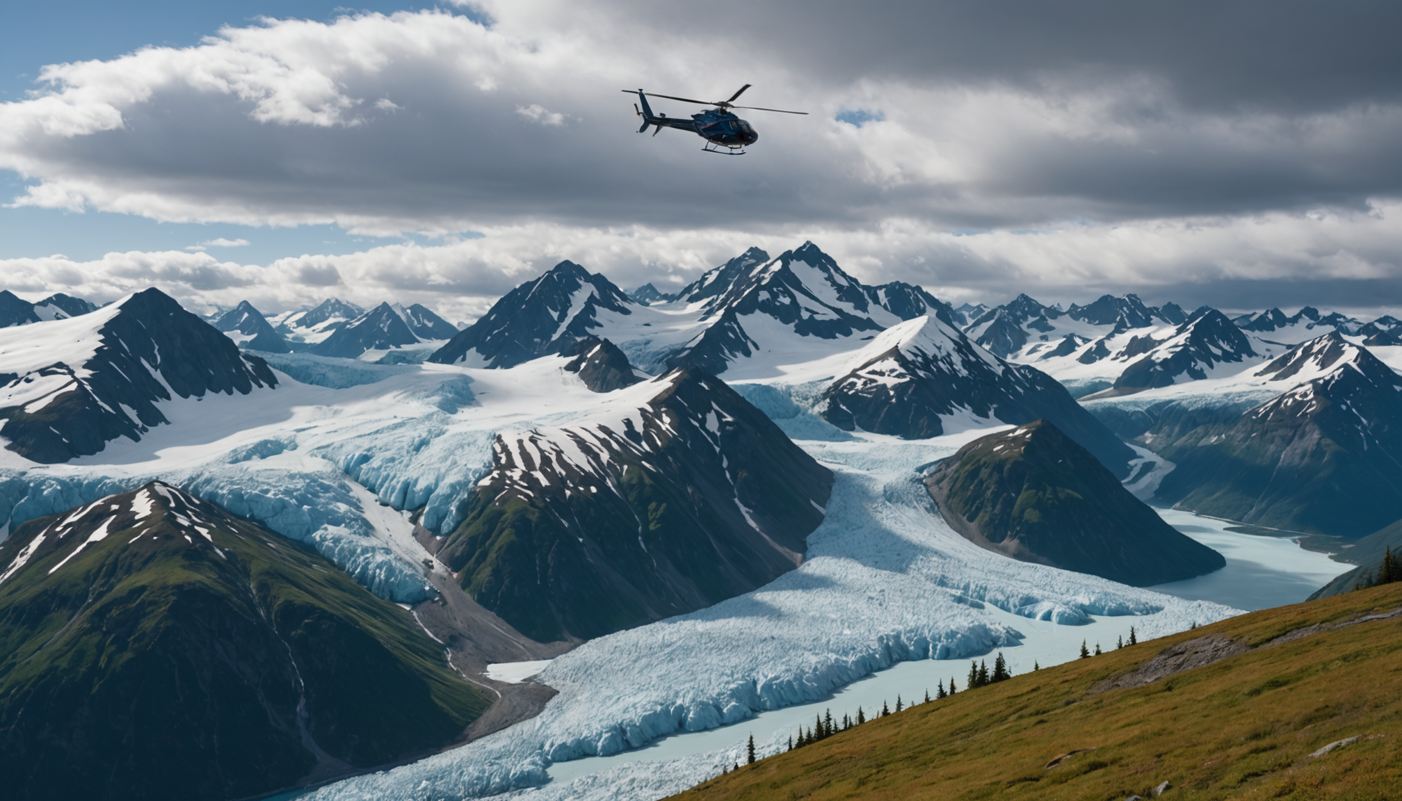 Helicopter flying over Matanuska Glacier