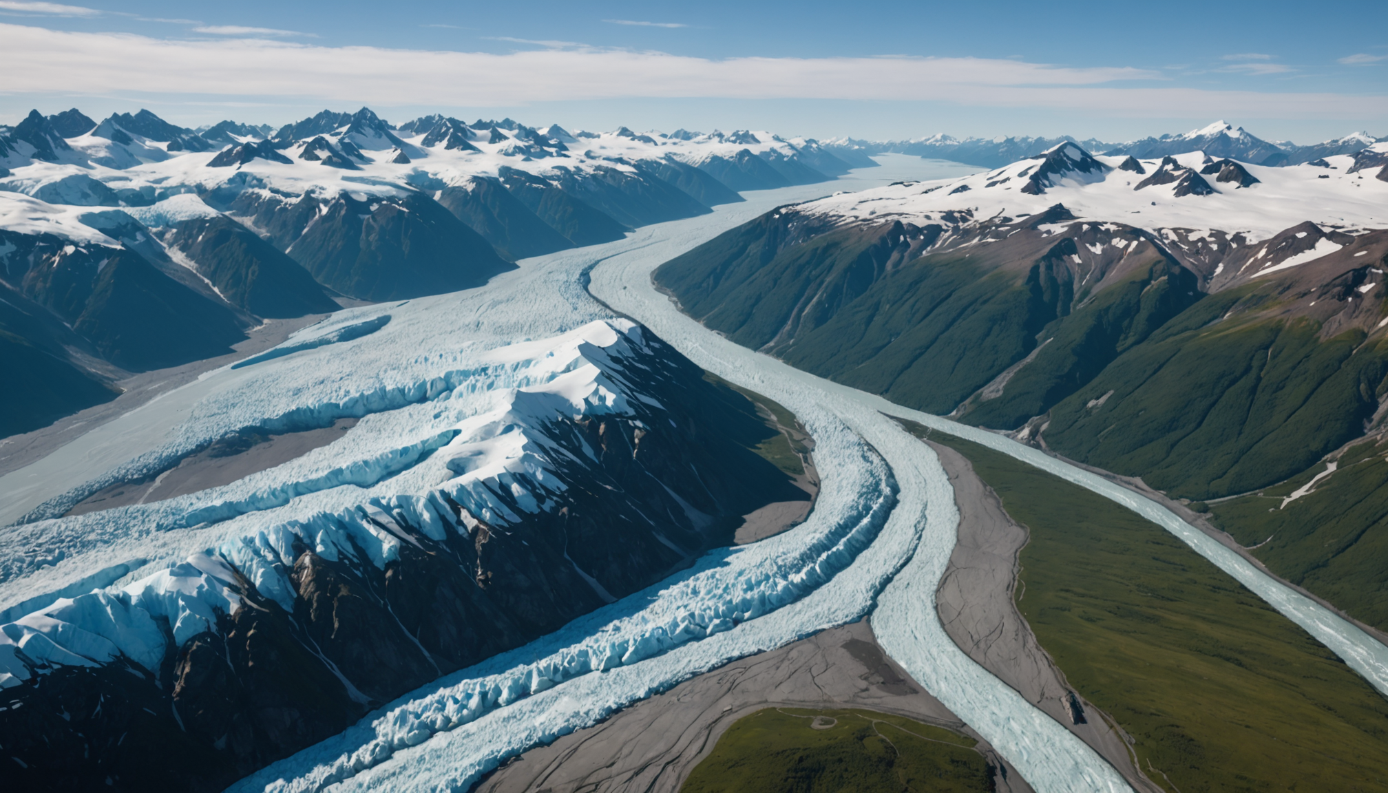 Aerial view of Knik Glacier with helicopter in foreground