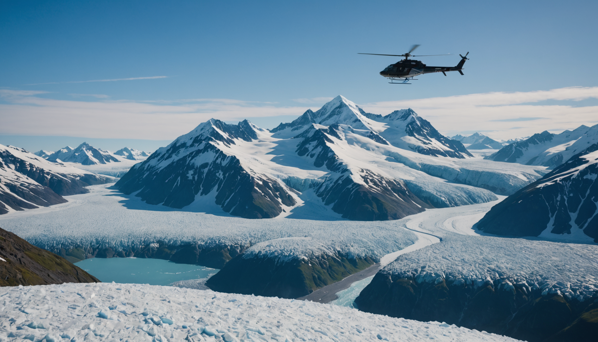 Helicopter flying over Knik Glacier