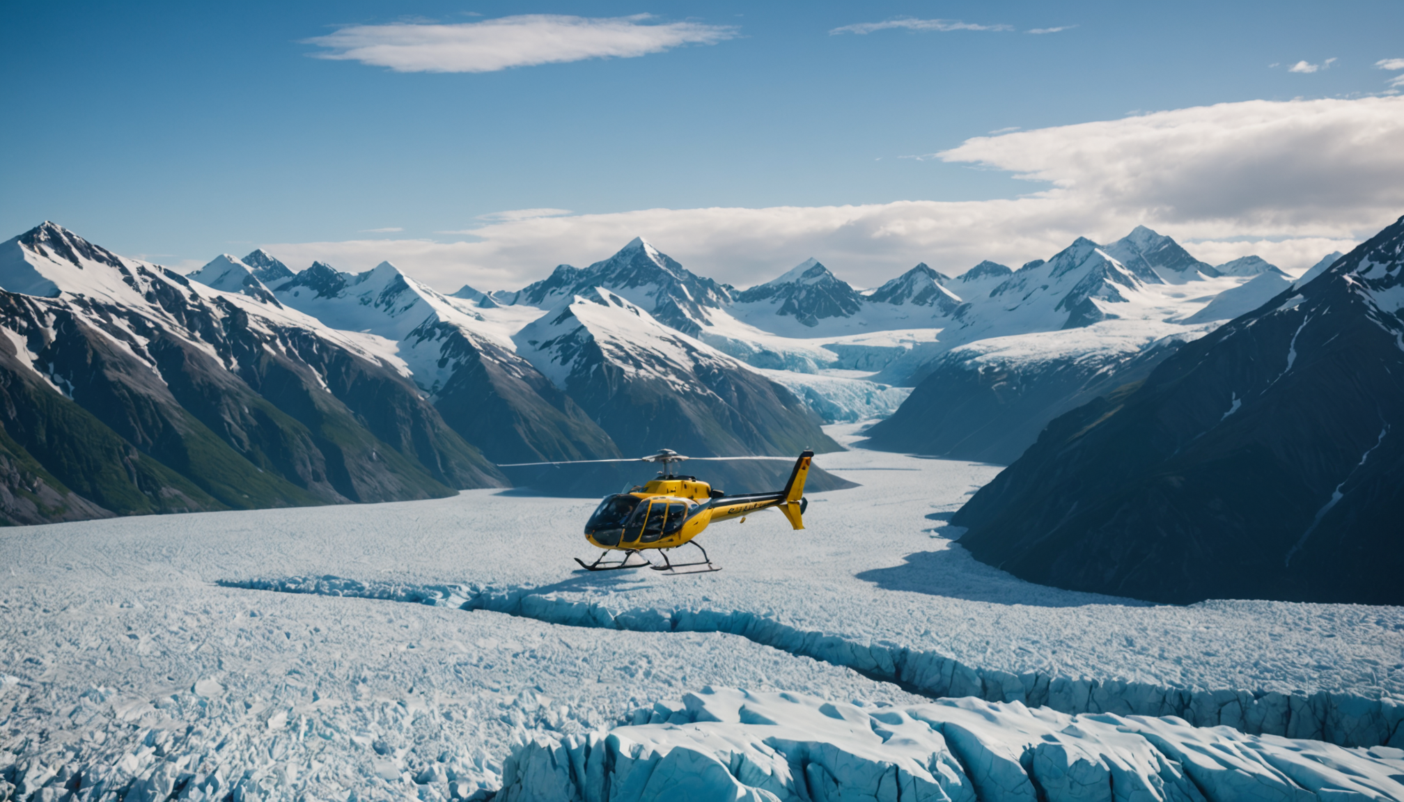 Helicopter flying over Knik Glacier, Alaska