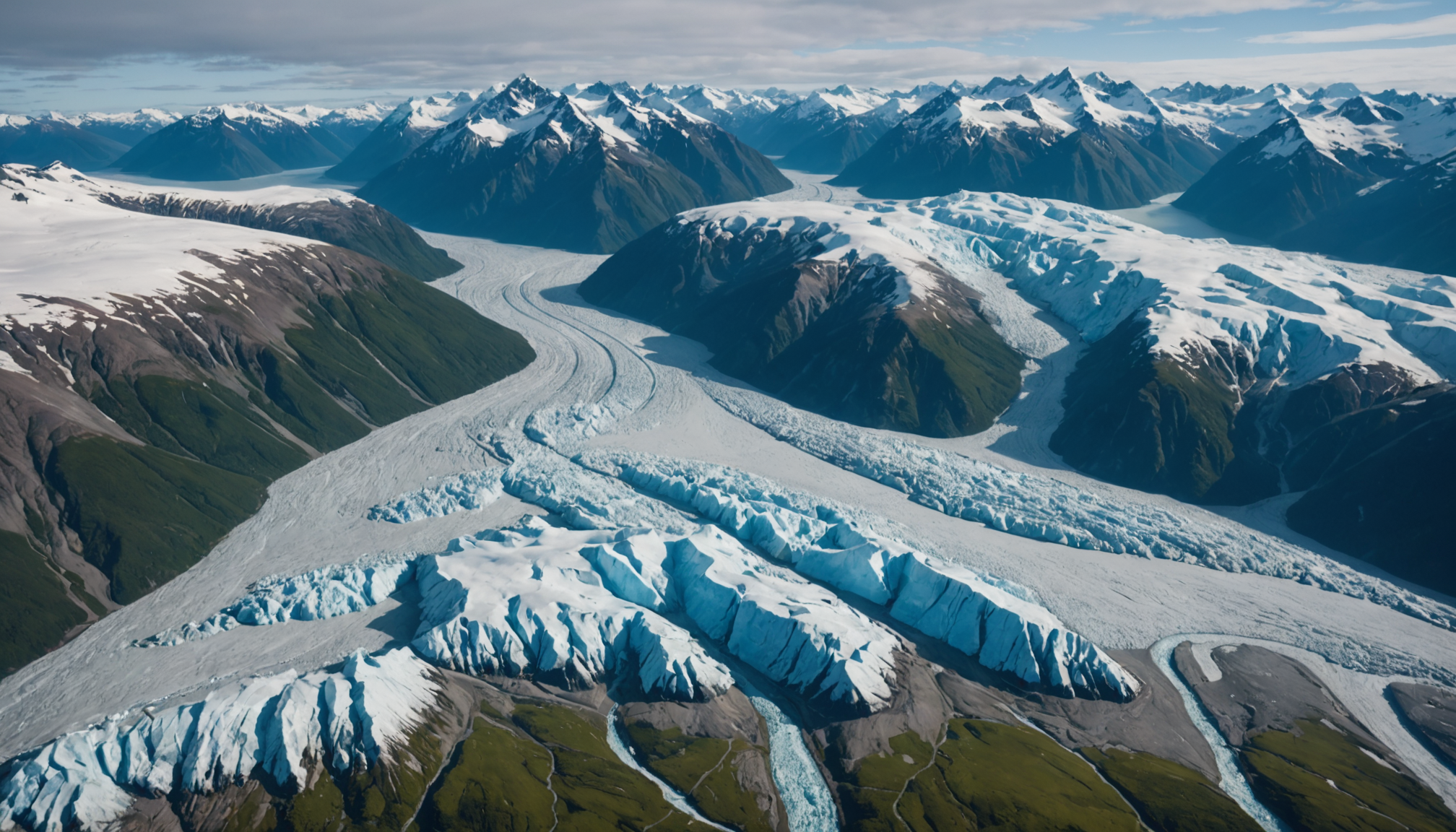 Aerial view of Knik Glacier with a helicopter in the foreground