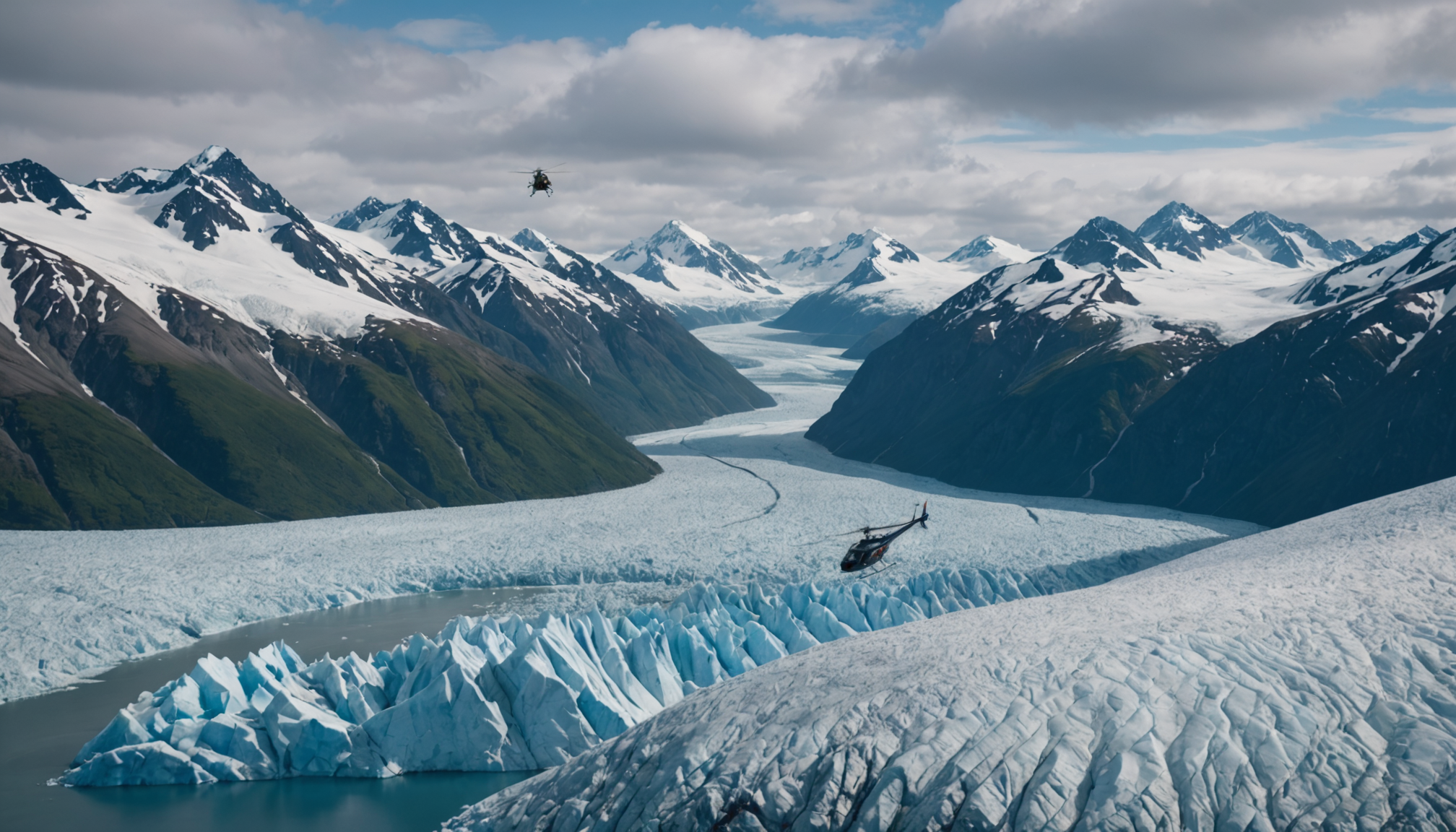 Helicopter flying over Knik Glacier