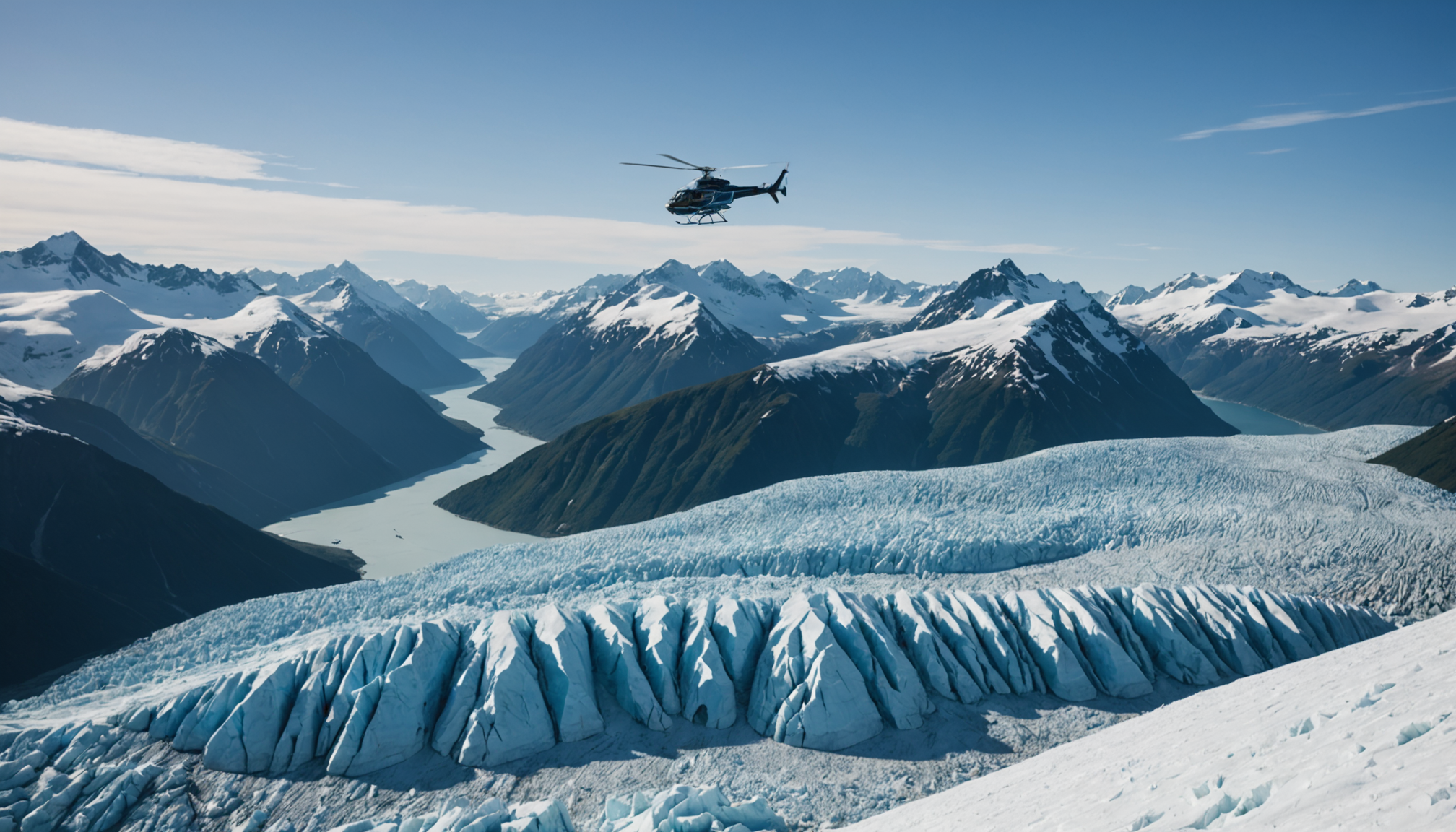 Helicopter flying over Knik Glacier