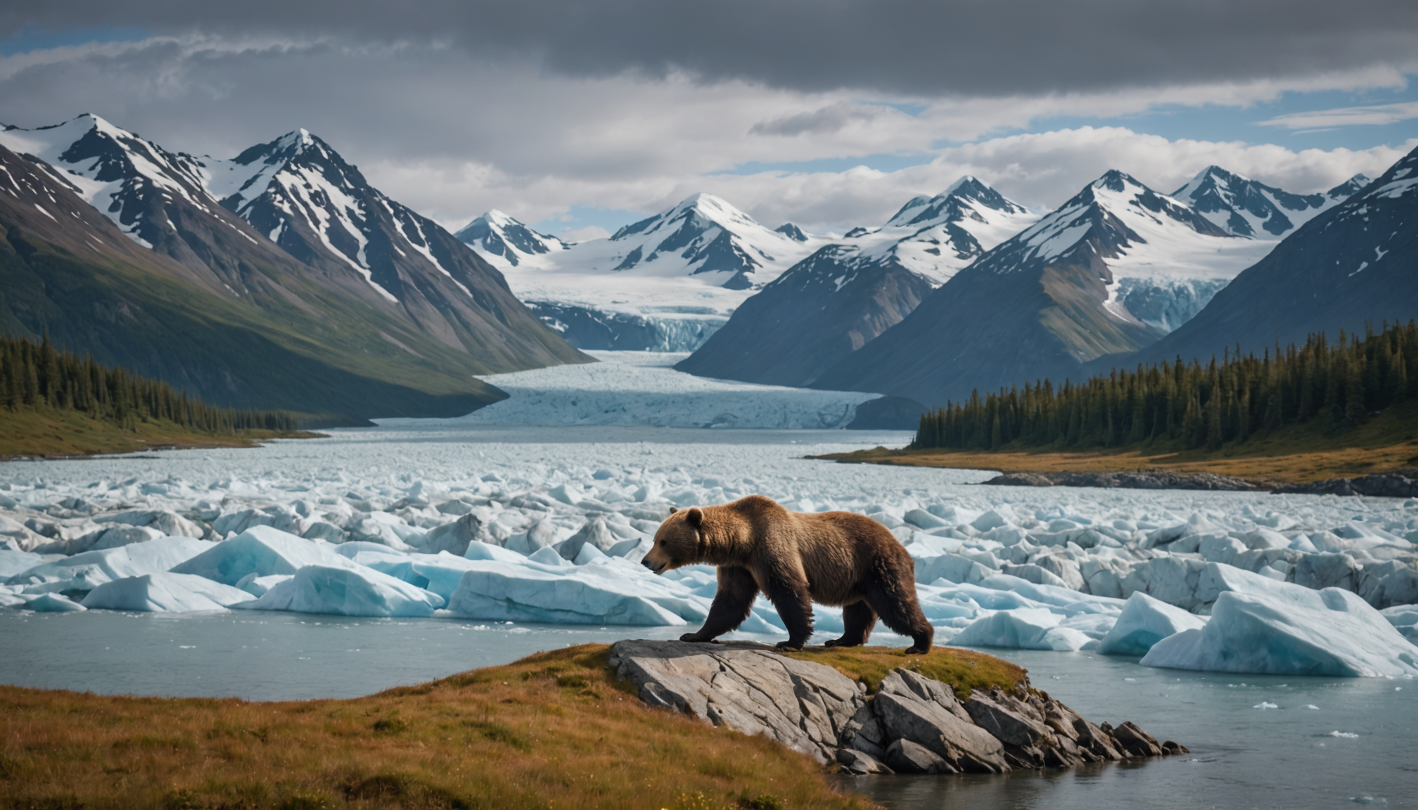 A brown bear catching salmon in a river in Katmai National Park