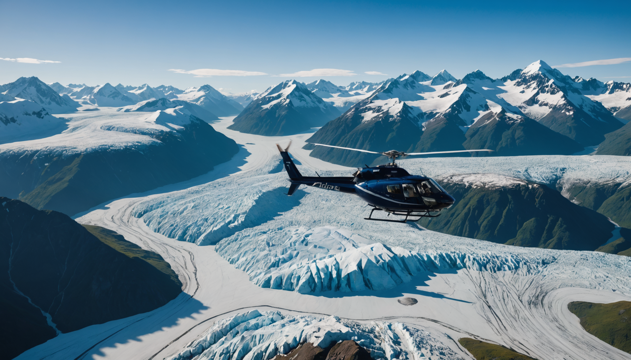 Helicopter flying over Knik Glacier