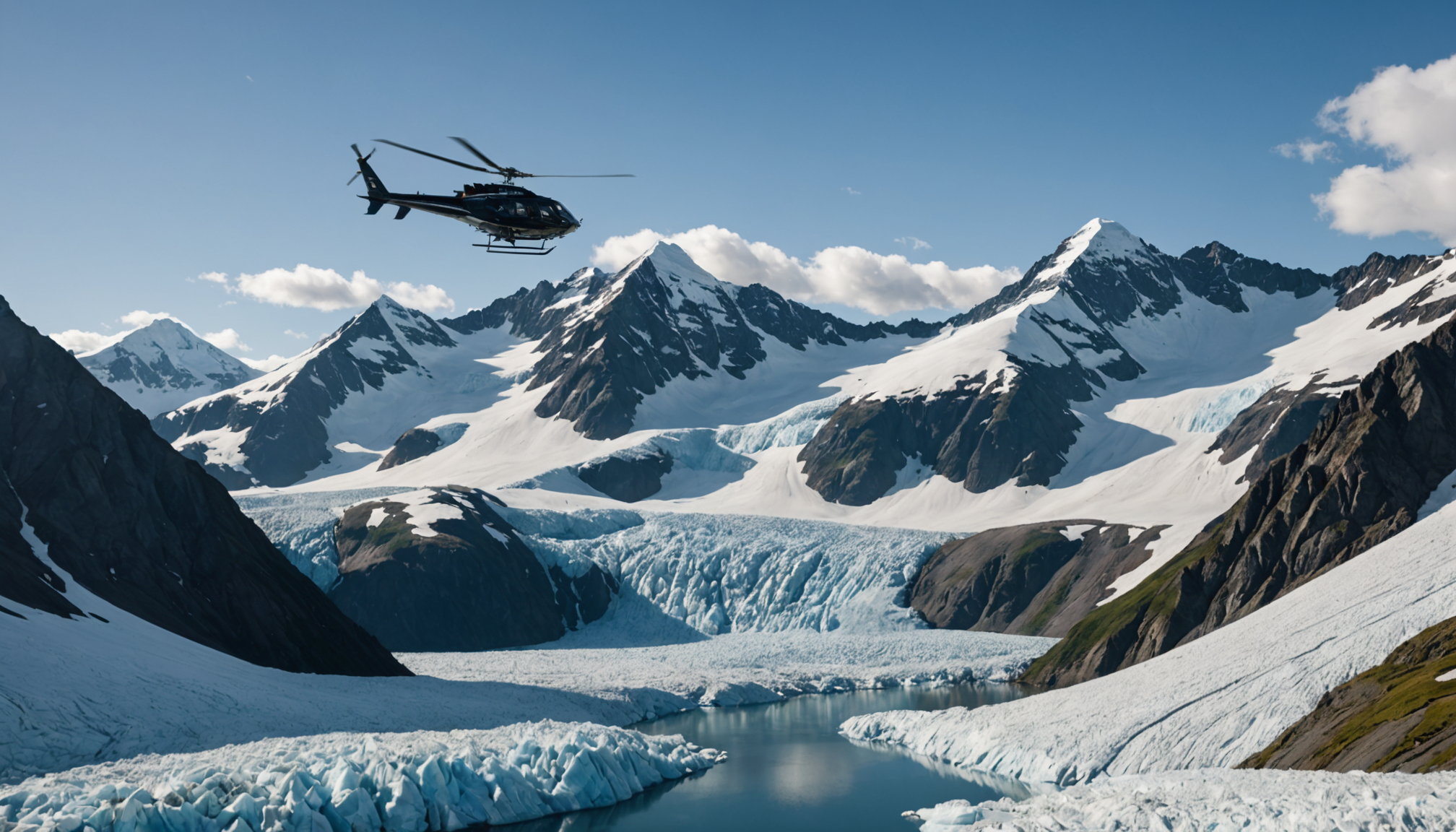Helicopter flying over Mount Marcus Baker