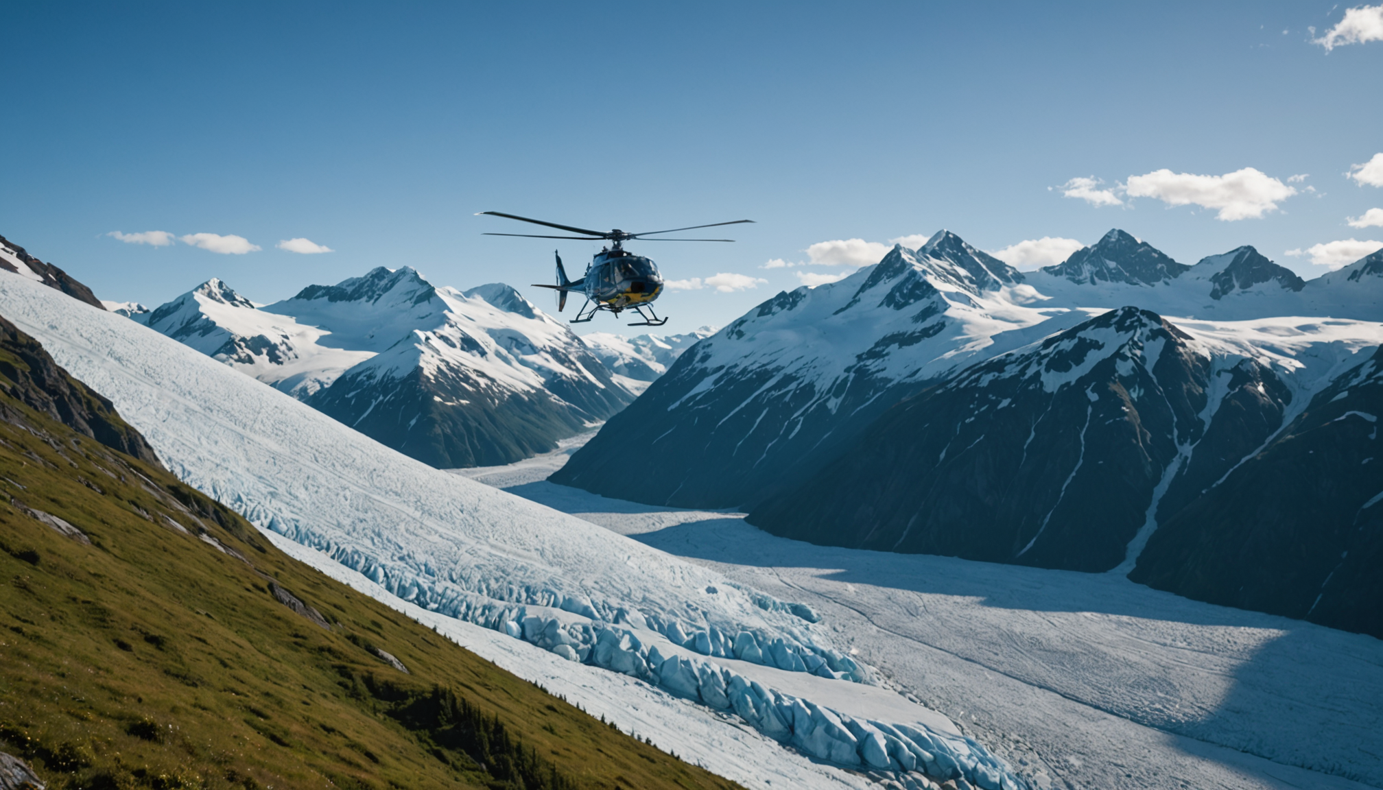 Helicopter flying over Girdwood, AK