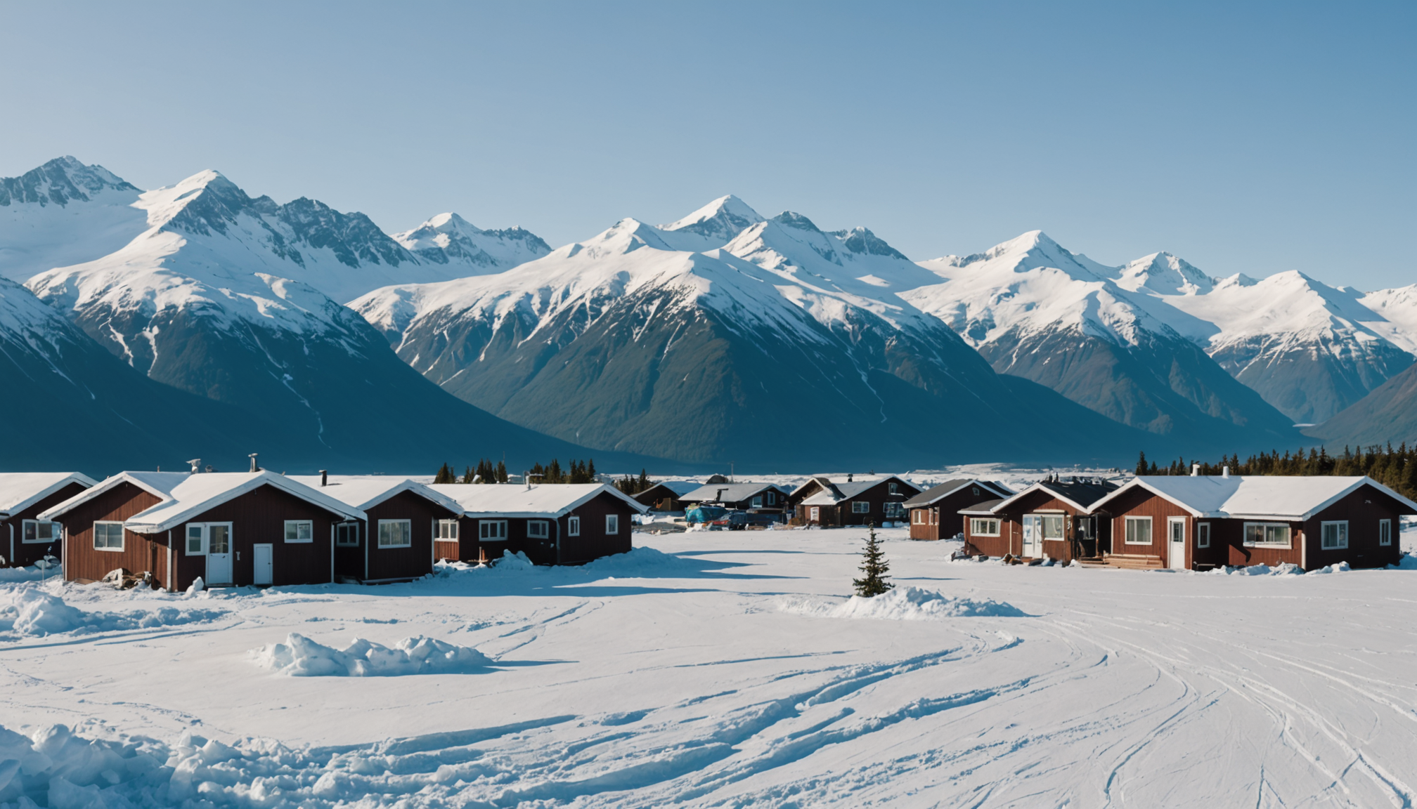Scenic view of cabins in Anchorage with mountains in the background