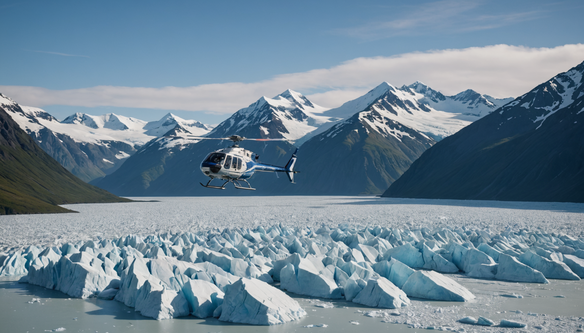 A helicopter flying over Knik Glacier, capturing the expanse of ice and surrounding mountains