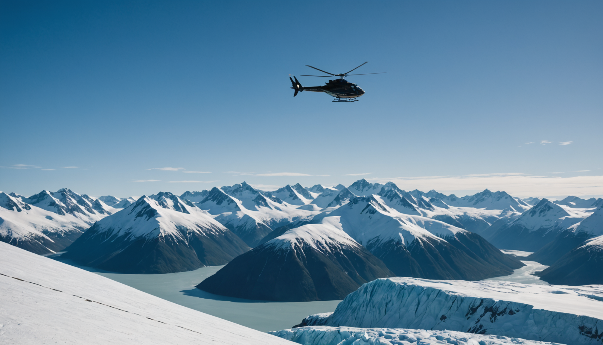 A helicopter soaring over the Knik Glacier