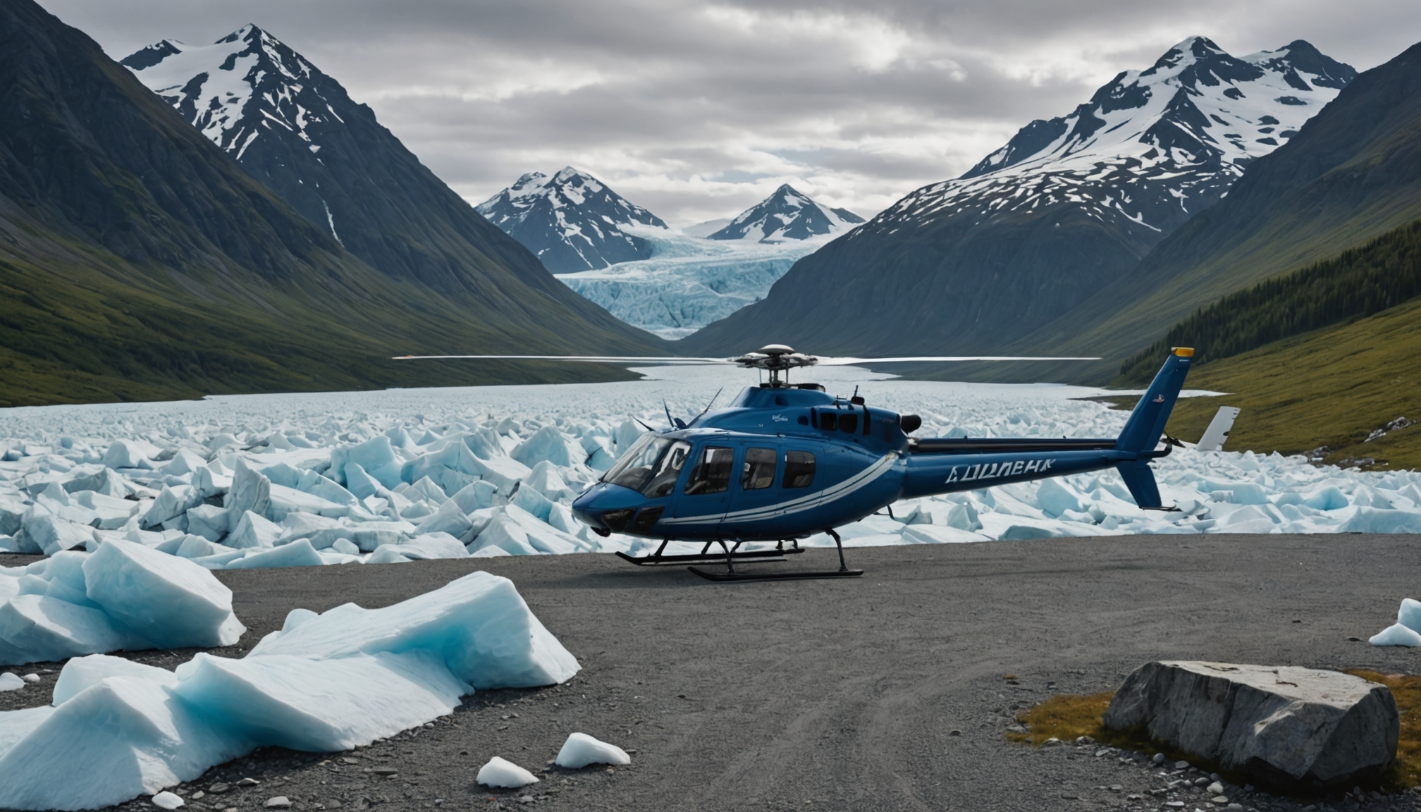 A helicopter landing in a remote area of Dutch Harbor