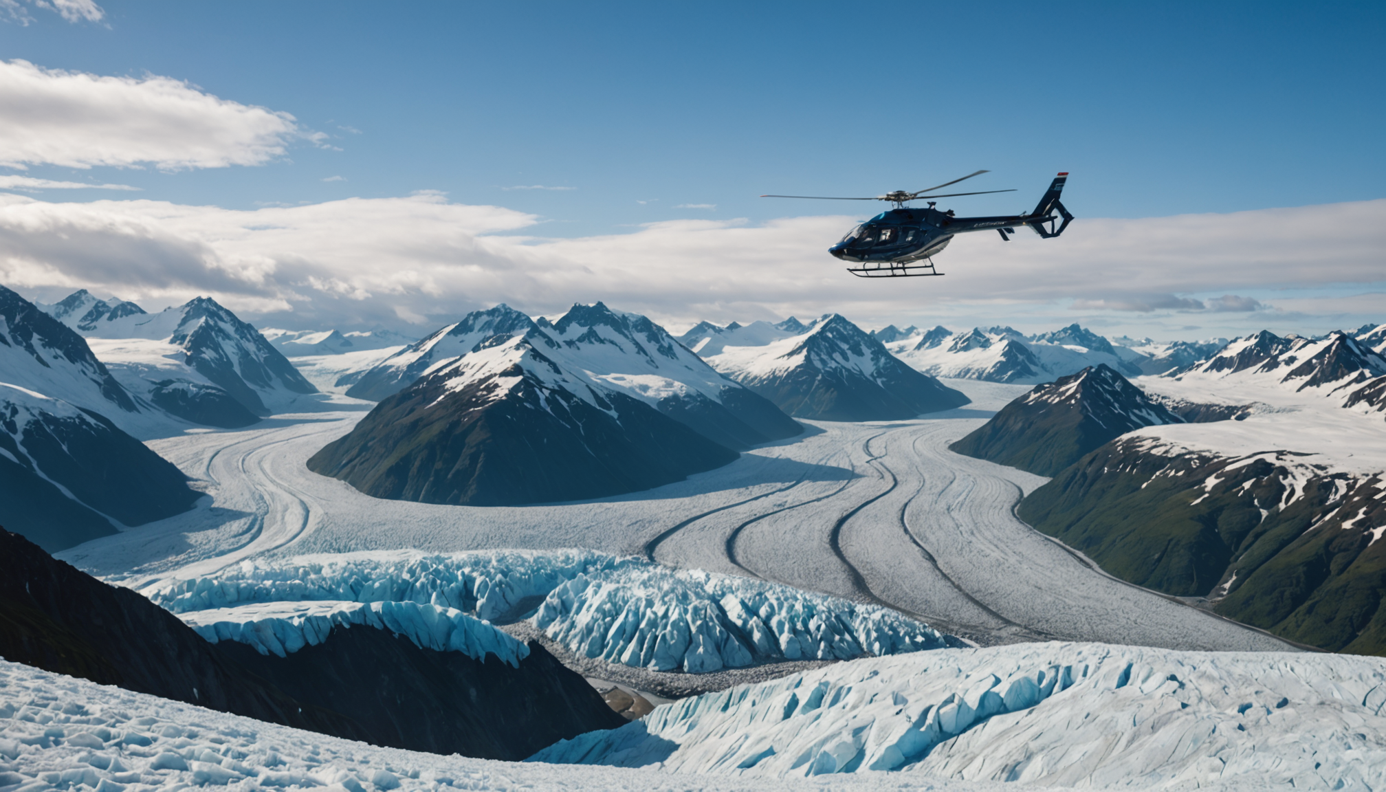 Helicopter flying over Knik Glacier