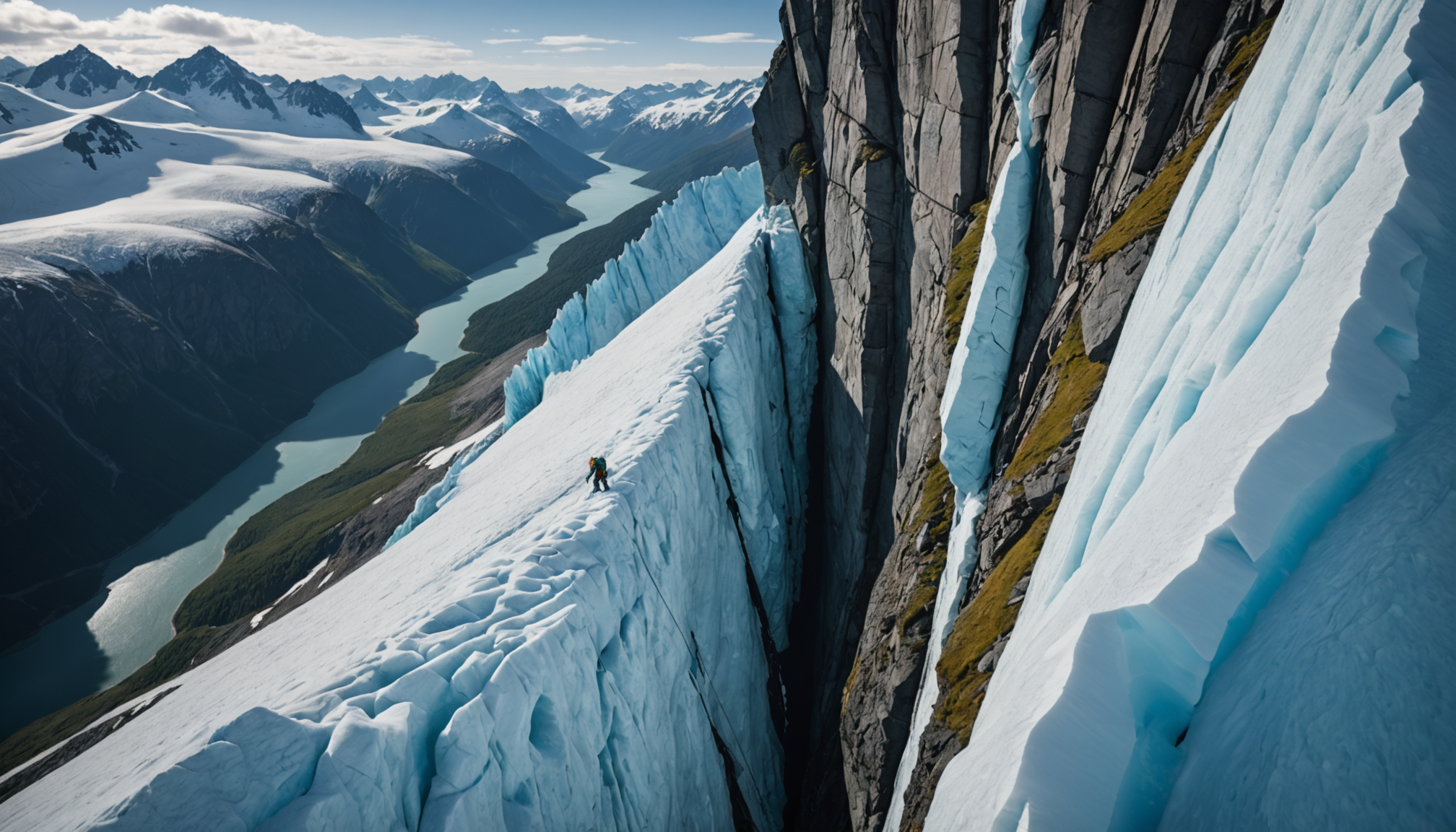 Climber scaling an icy wall on Knik Glacier.