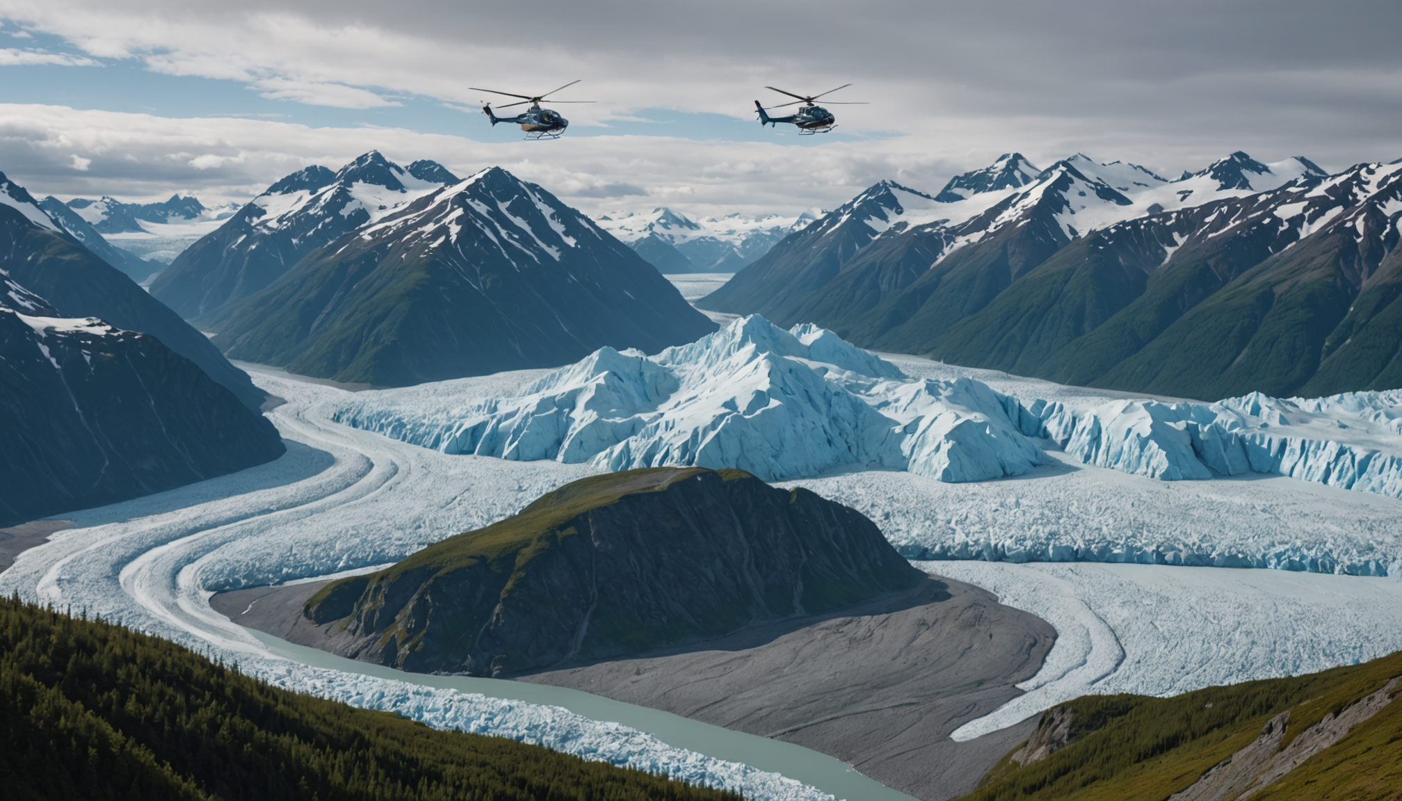 Helicopter flying over Knik Glacier