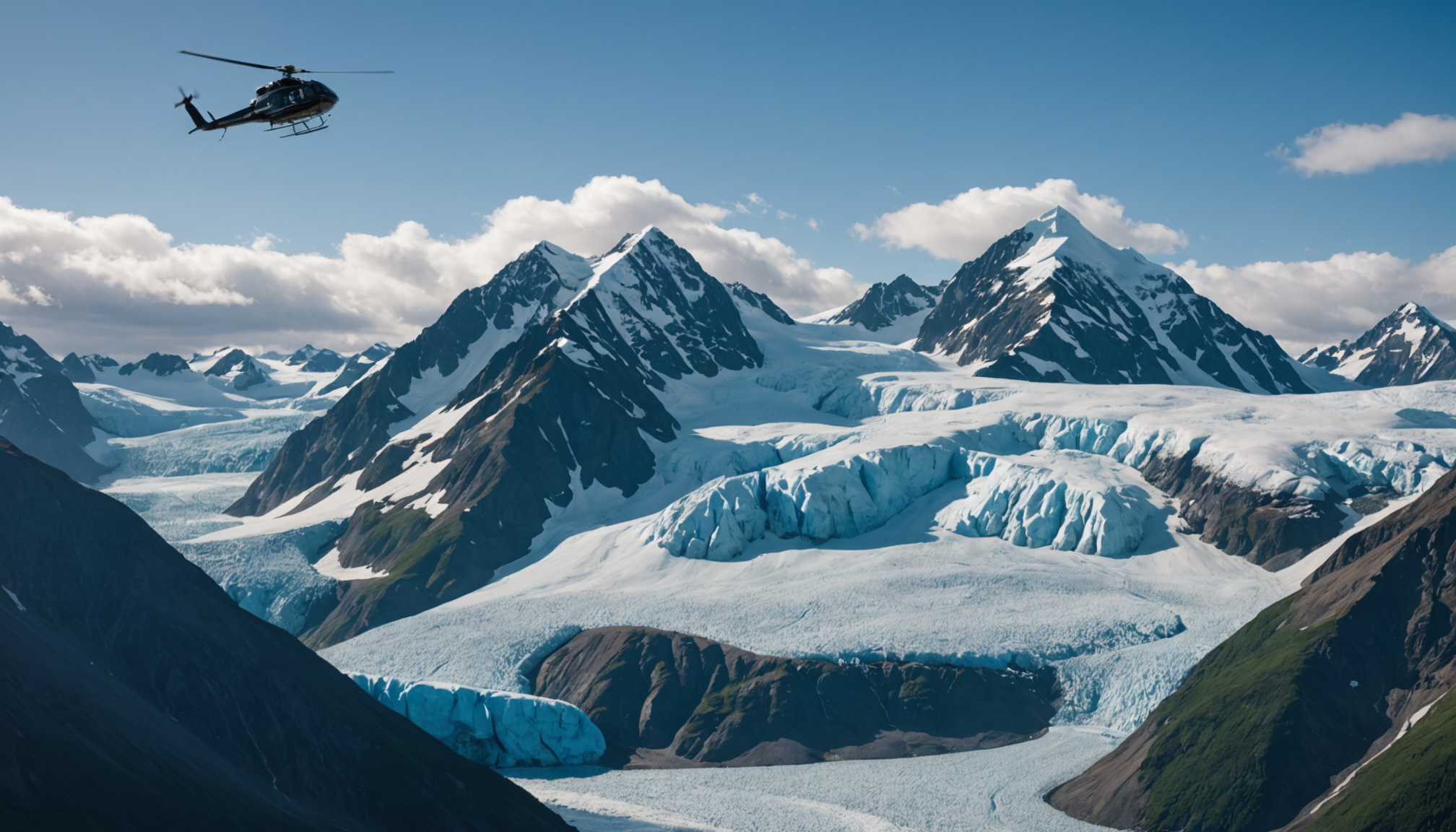 Helicopter hovering over Knik Glacier, Alaska