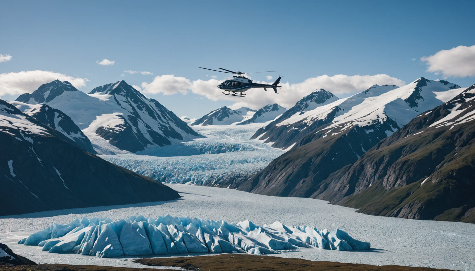 Helicopter flying over a glacier in Skagway