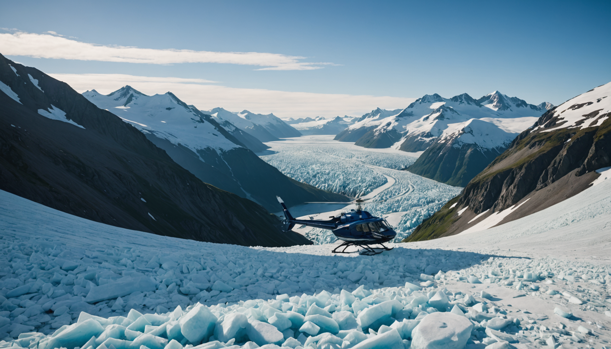 Helicopter landing on a glacier with blue ice in the background