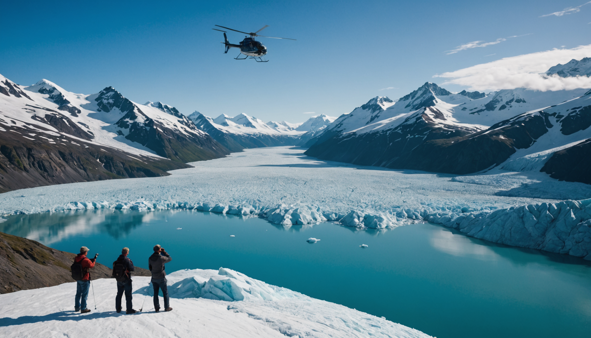 Tourists photographing a glacier from a helicopter