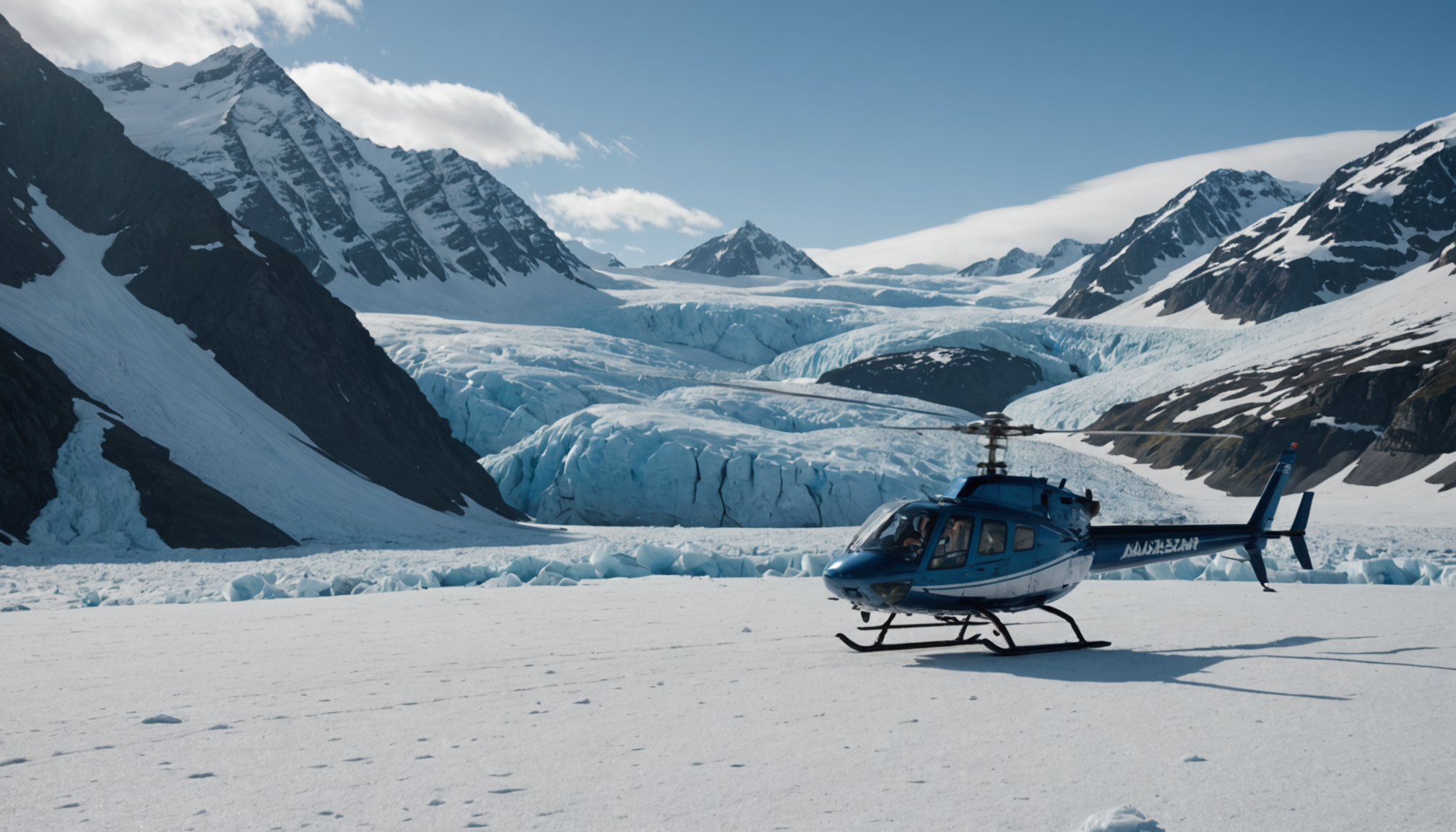 Helicopter landing on a snowy glacier with mountains in the background