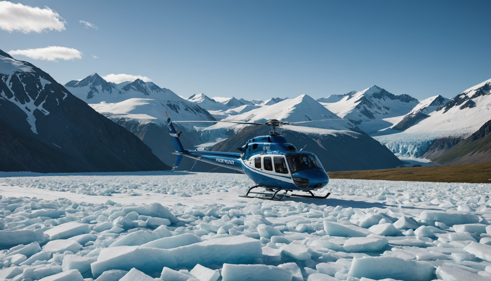 Helicopter landing on a glacier