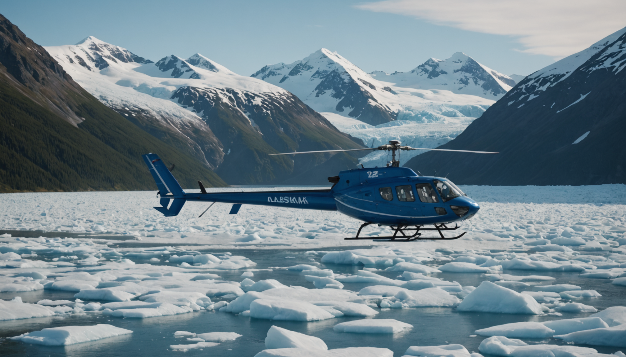 Helicopter landing in a snowy Alaskan landscape