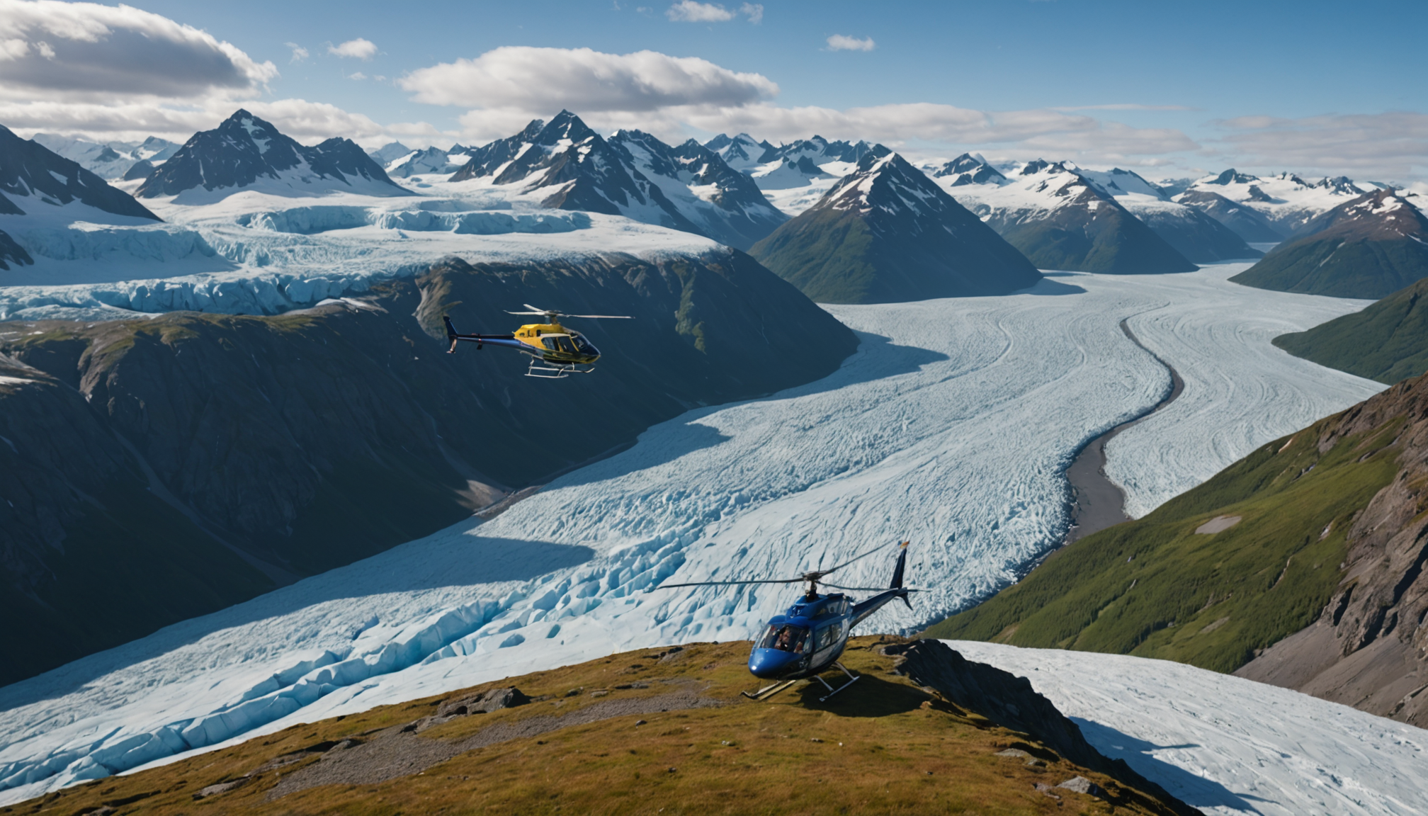 Tourists taking photos from a helicopter over Knik Arm, Alaska