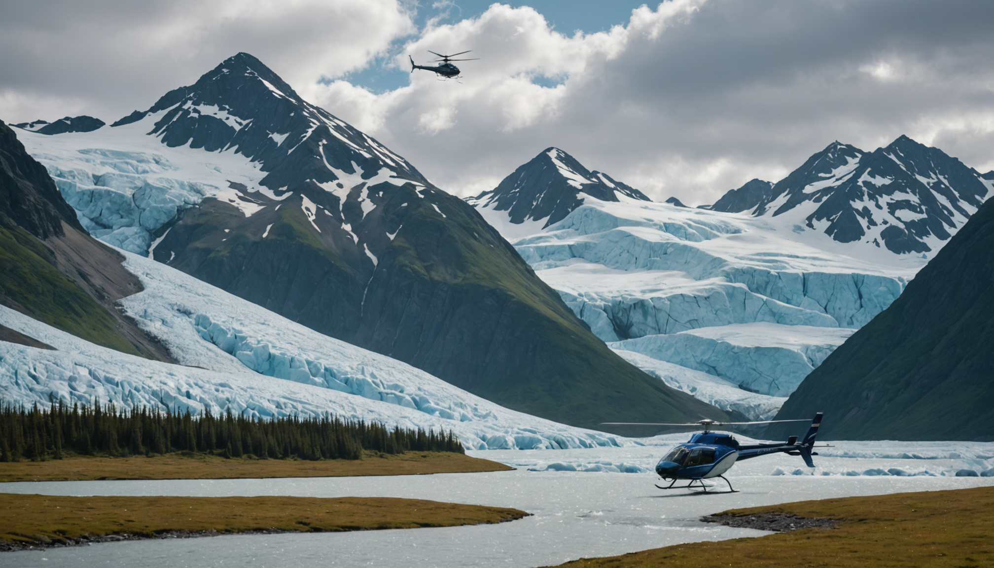 Helicopter landing in a pristine Alaskan meadow