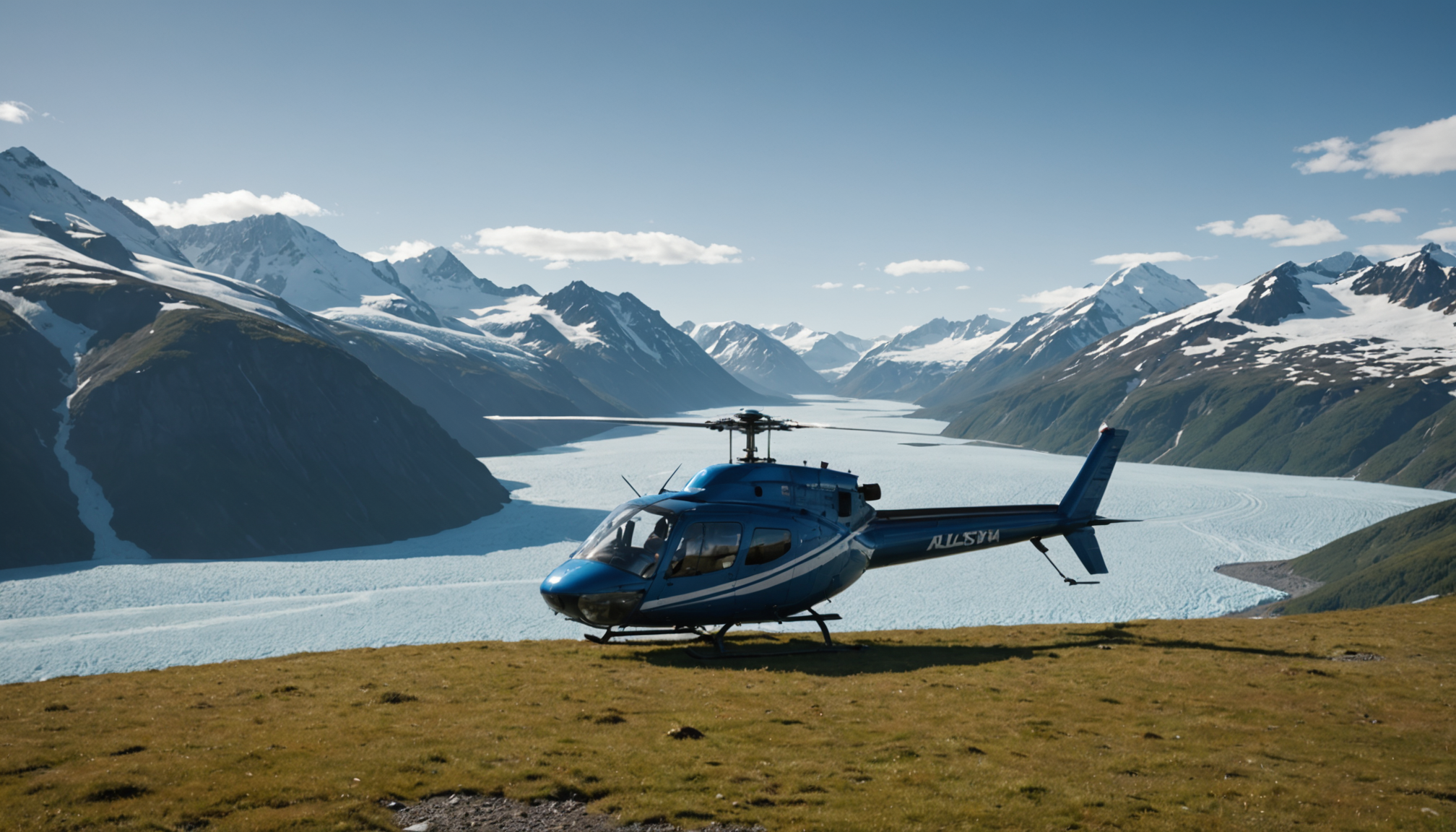Helicopter landing on a helipad with mountains in the background