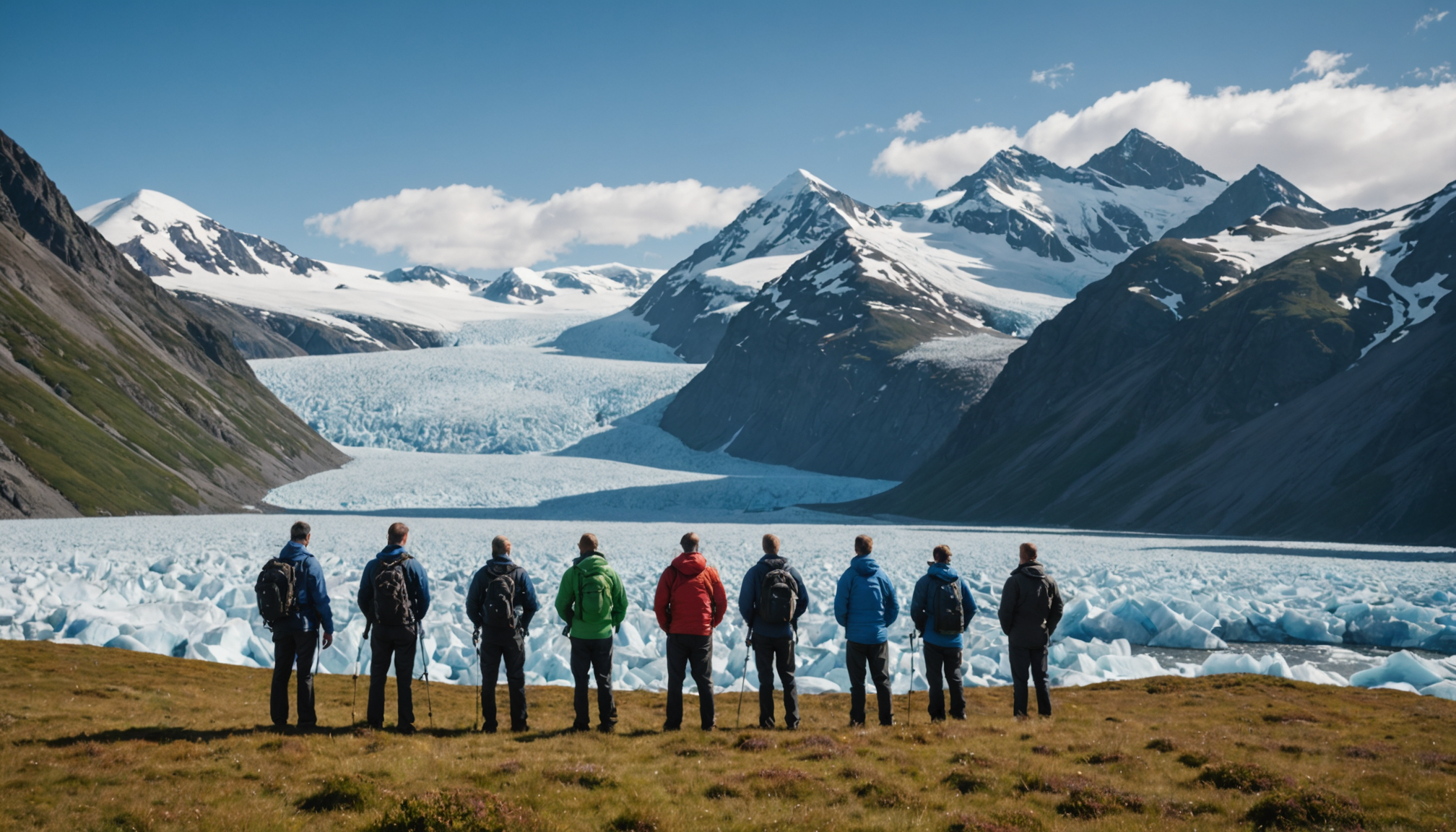 Tour group posing in front of a glacier