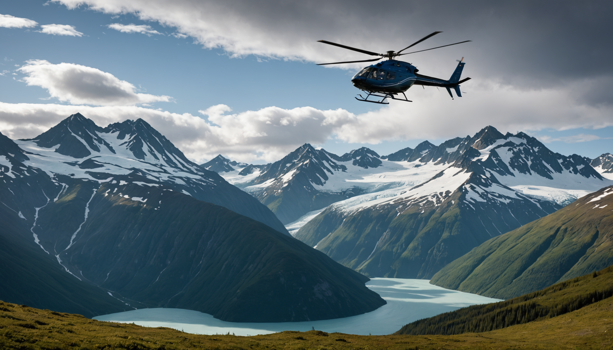 Helicopter hovering over Chugach Mountains