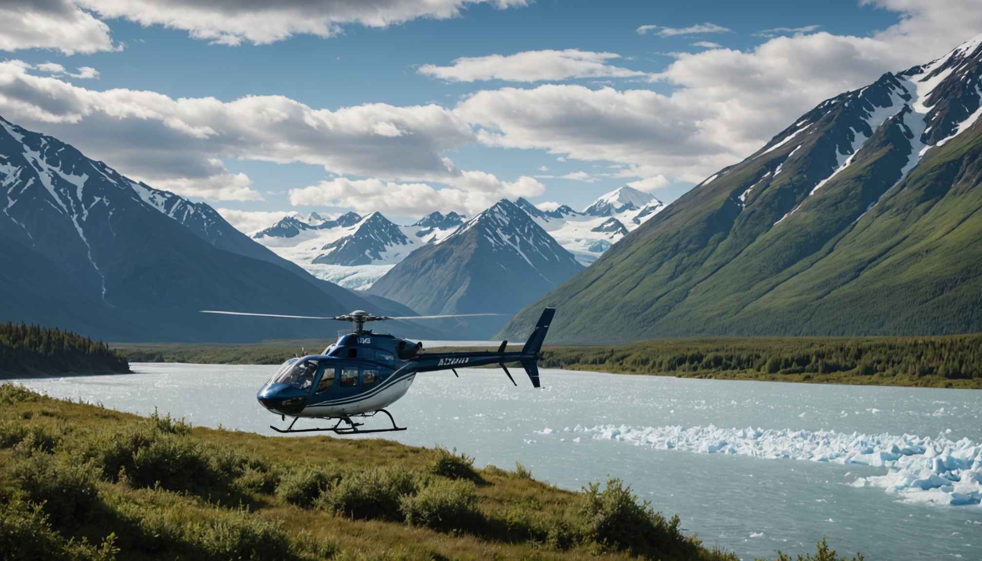 Helicopter landing at Knik River Lodge