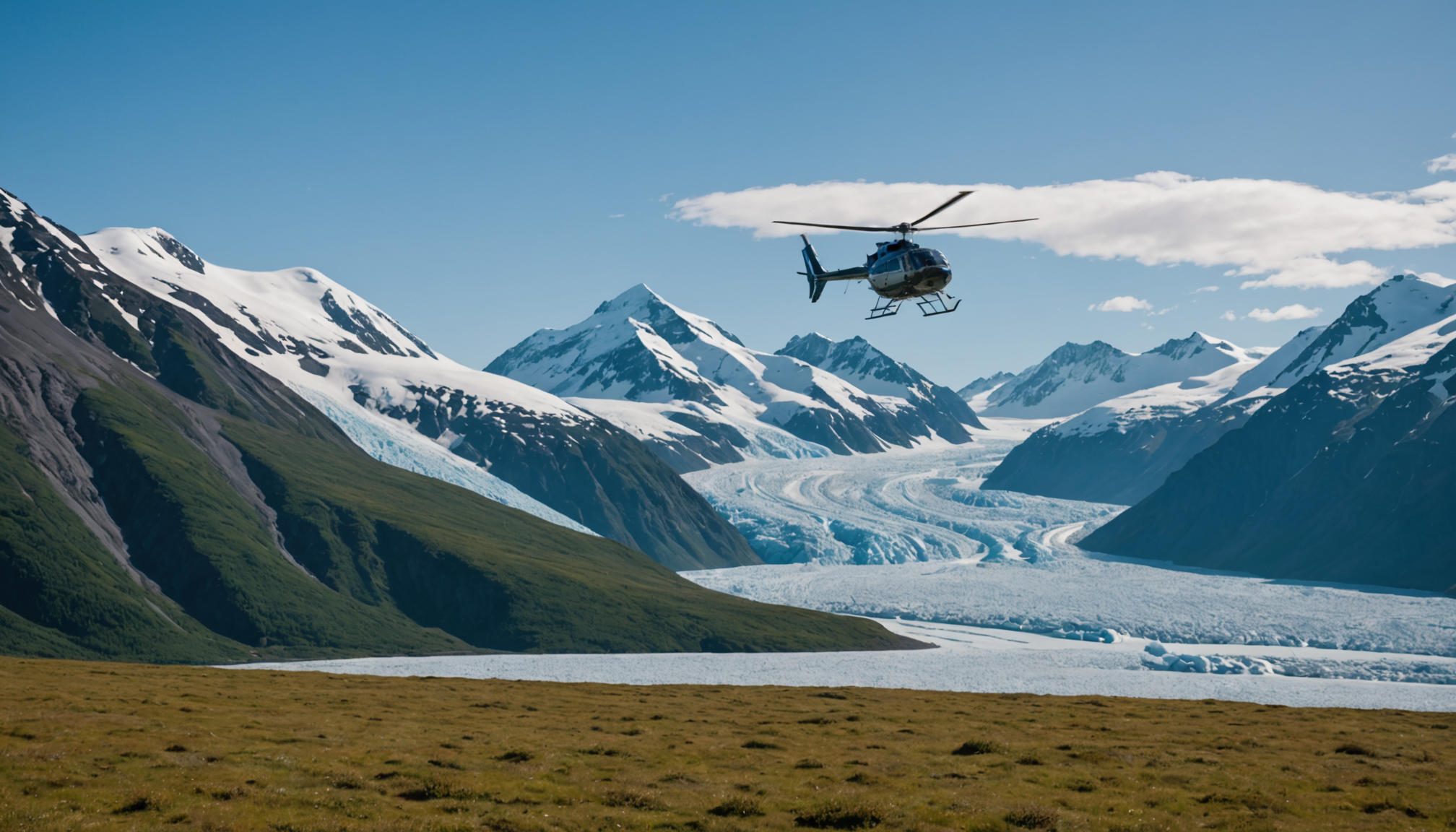Helicopter landing on Knik Glacier with passengers disembarking.
