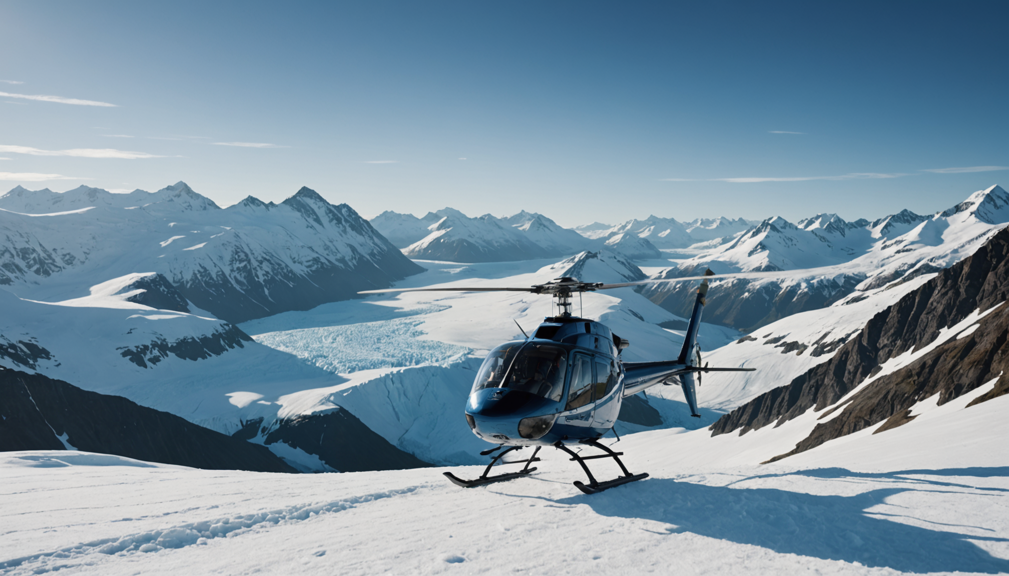 Helicopter landing on a snowy Alaskan peak