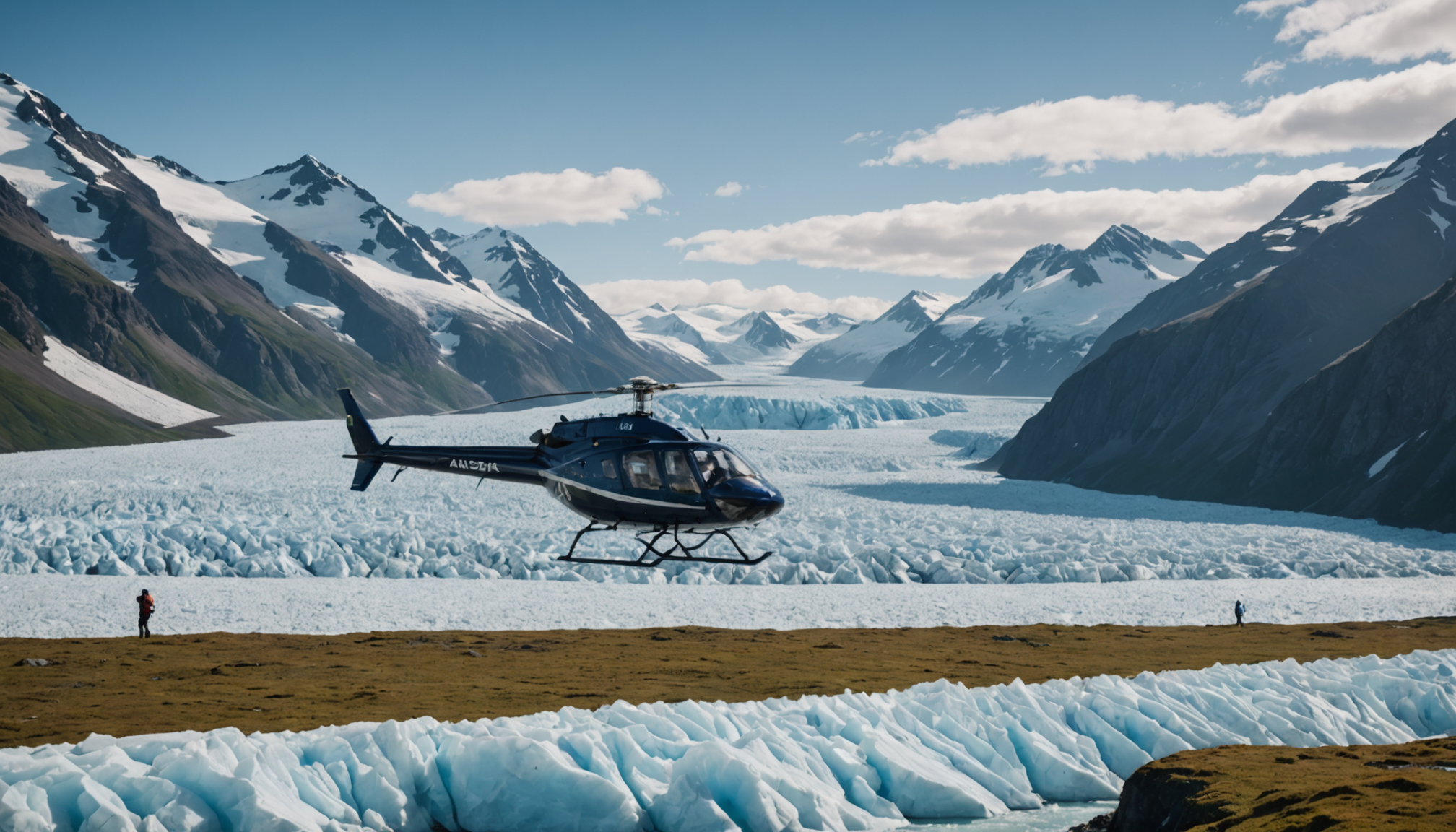 Helicopter landing near a glacier with climbers preparing gear.