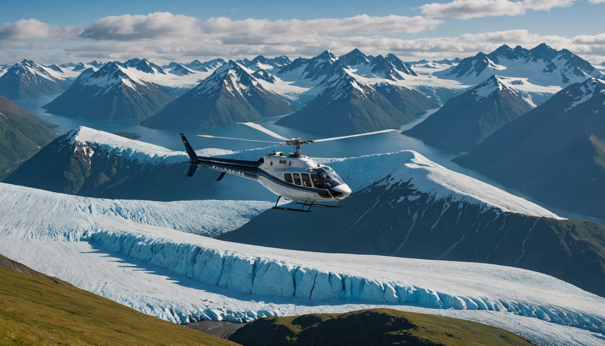 Helicopter in flight over Chugach Mountains