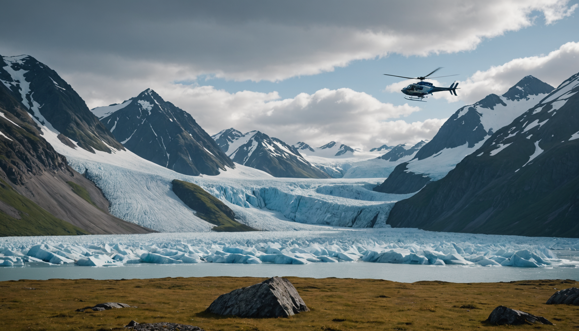 Helicopter landing in a remote Alaskan hiking area