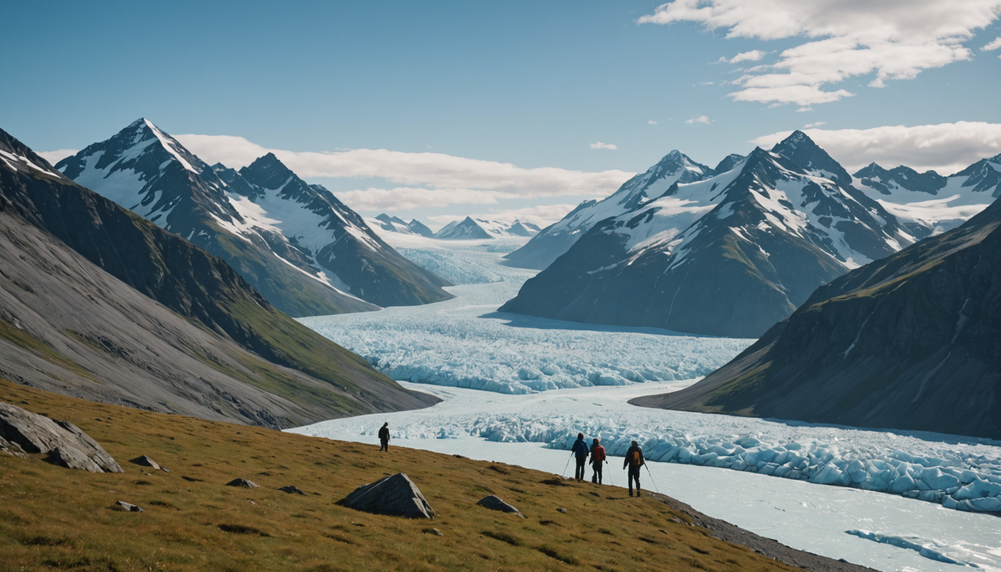 Group of travelers walking on an Alaskan glacier