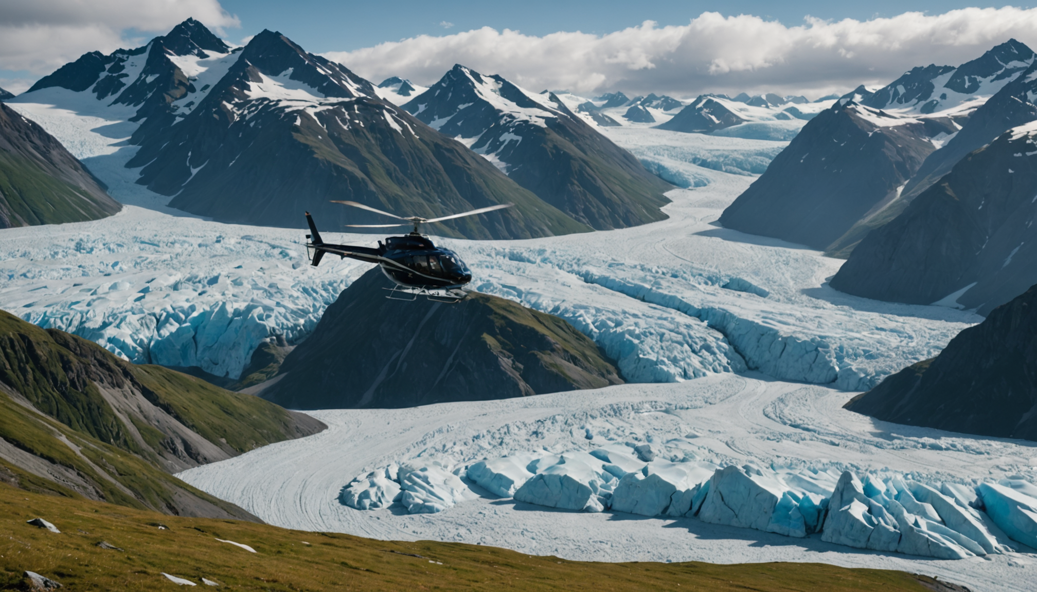 Helicopter landing on a glacier near Juneau, Alaska