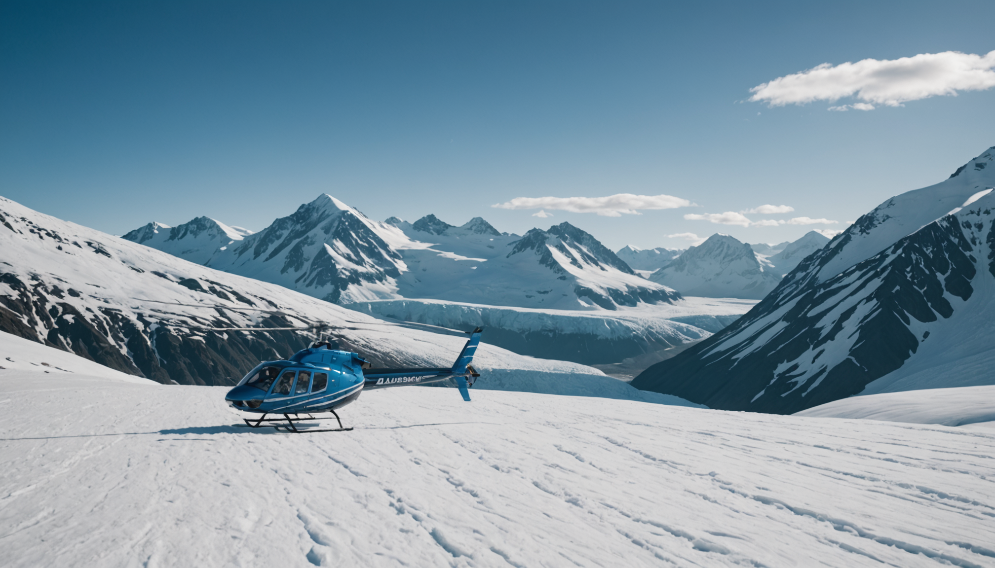 Helicopter landing on a snow-covered Alaskan peak