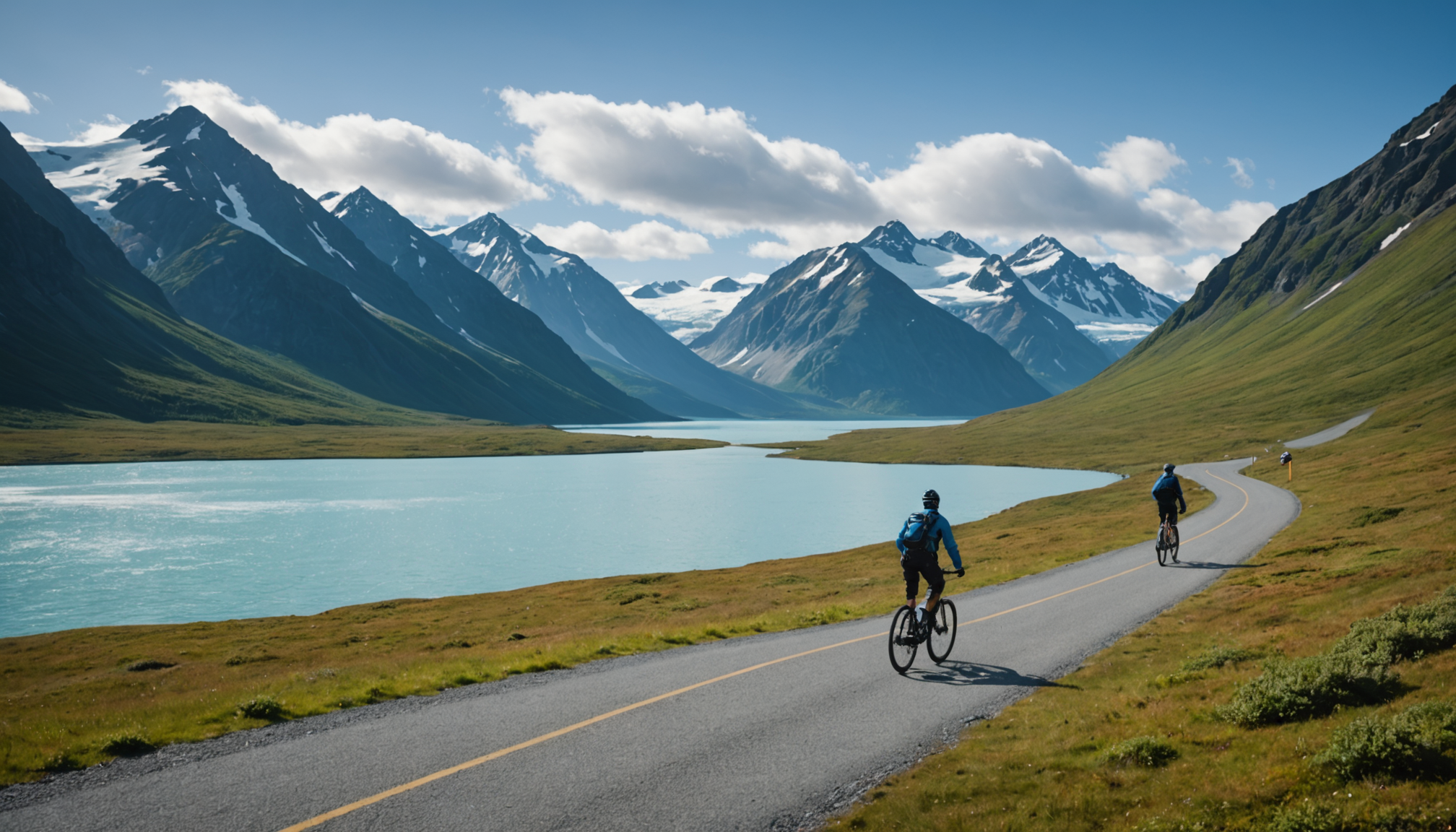 A cyclist on a trail with the Chugach Mountains in the background.